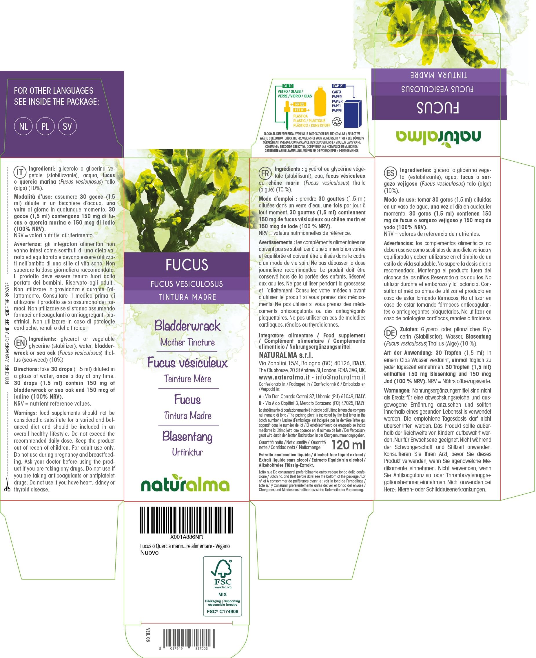 Fucus o sargazo vejigoso (Fucus vesiculosus) talo (alga) Tintura Madre sin alcohol Naturalma - Extracto líquido gotas 120 ml - Complemento alimenticio - Vegano