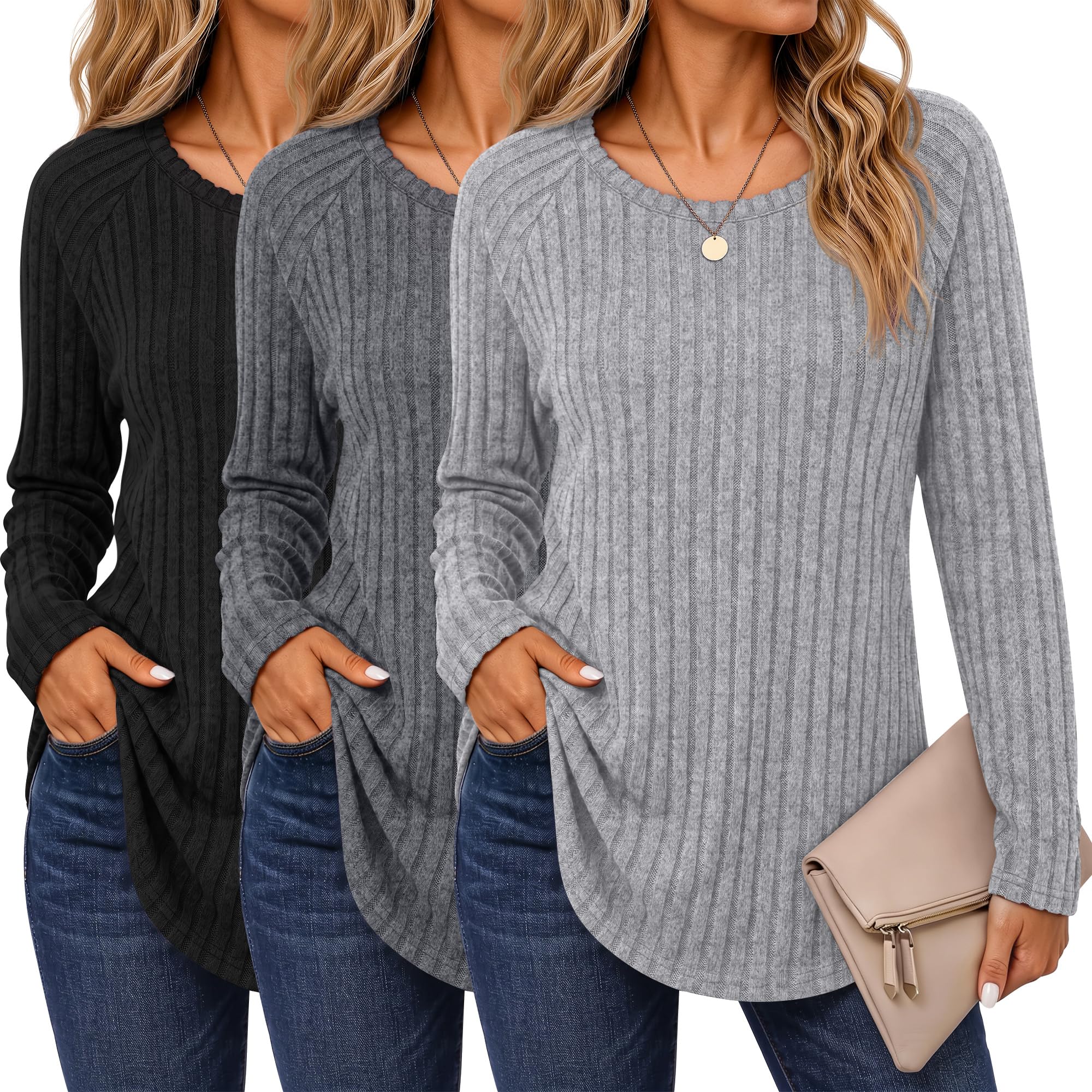 Ficerd 3 Pack Women's Sweaters Long Sleeve Shirts Fall Tunics