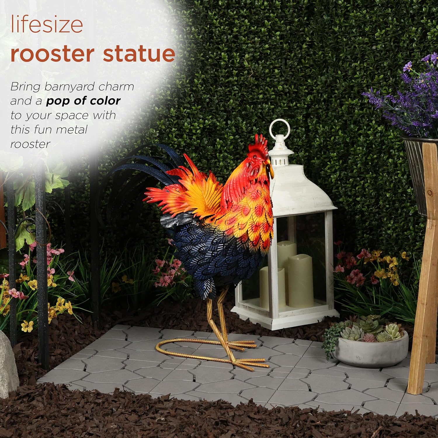 Vibrant Multicolor Steel Rooster Garden Statue, 25"