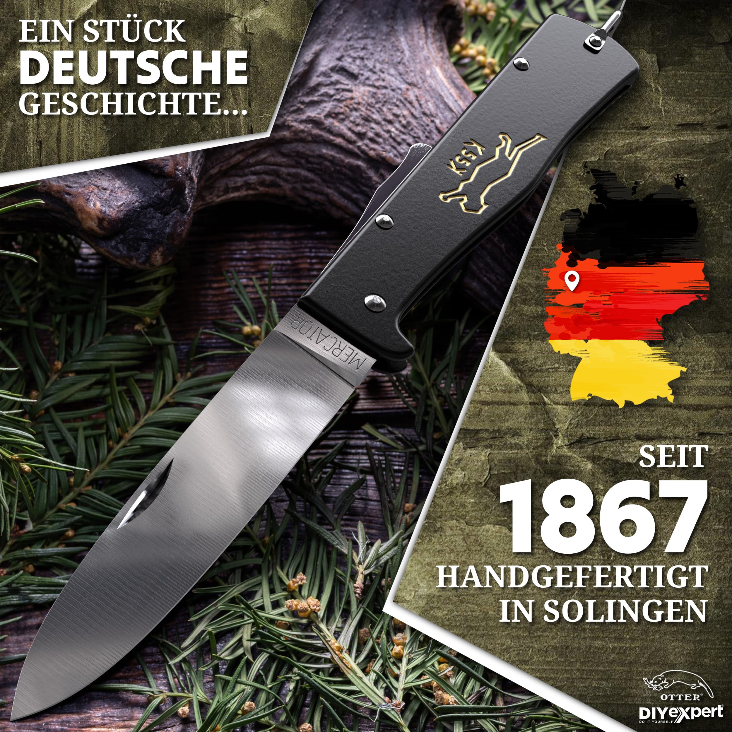 DIYexpert Outdoor-Messer MERCATOR K55K Katze | [Klinge Carbon] | Klappmesser Made in Germany | Ideal als Taschenmesser oder Jagdmesser