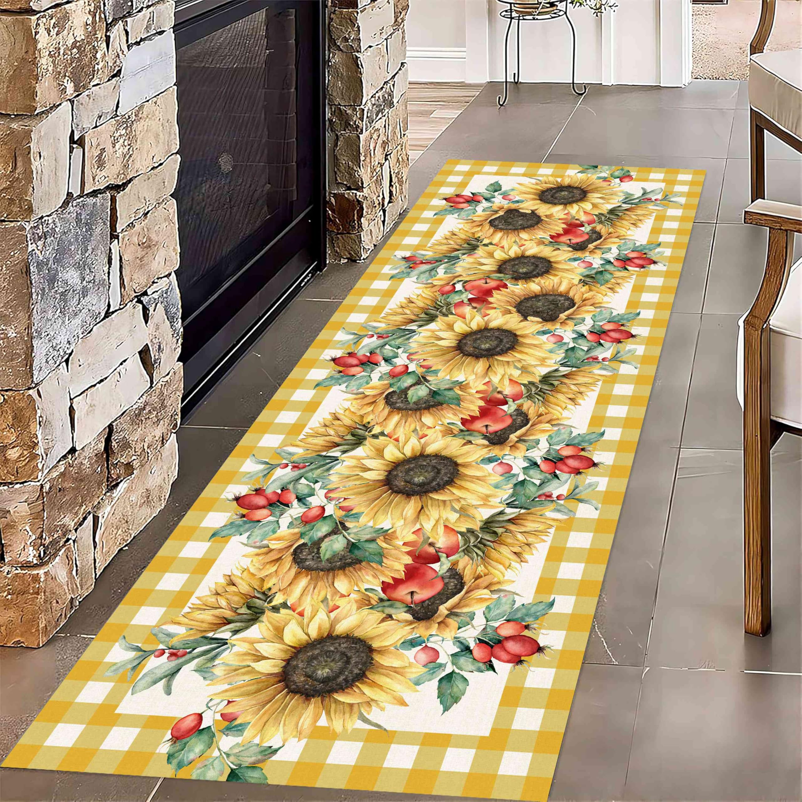 MUOUCTE Vintage Sunflower Hallway Runner Rug, 65x220cm Yellow Plaid Eucalyptus Leaves Holly Berry Floor Rugs, Soft Comfortable Durable Bedroom Living Room Entryway Carpet Mat