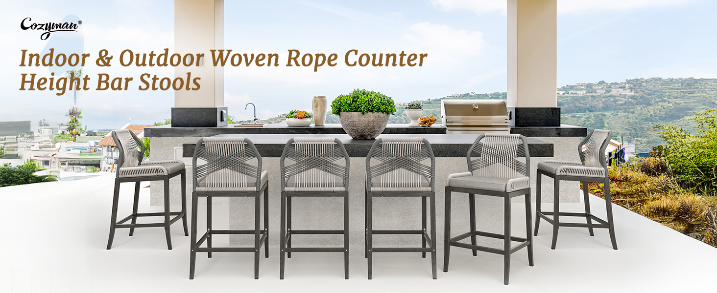 Set Of Boho Chic Outdoor Bar Stools (Set Of 4) Woven Rope Back