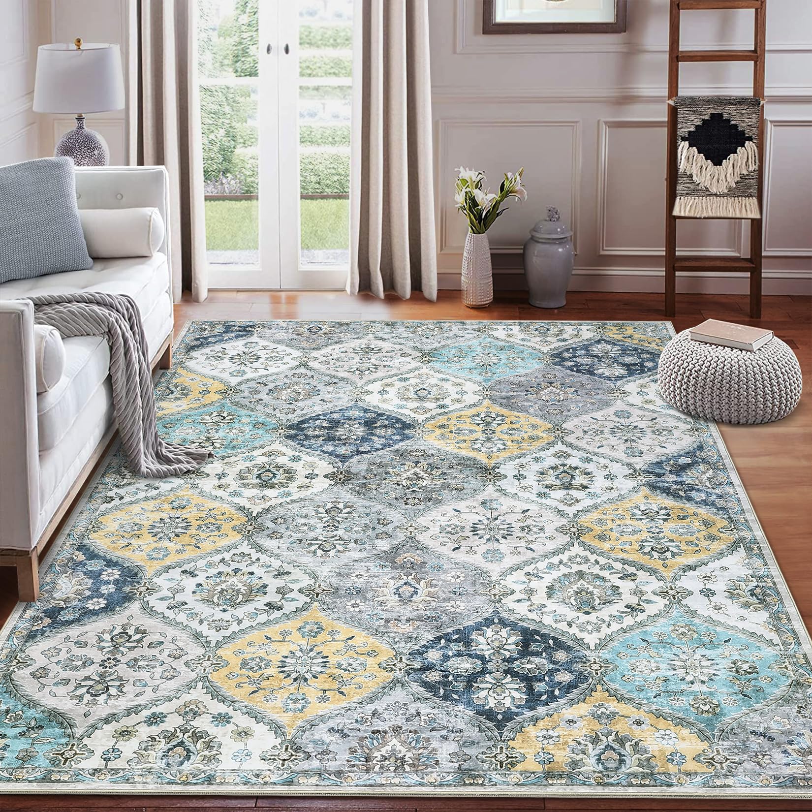 ROYHOME 8x10 Area Rug Moroccan Trellis Machine Washable Rug Vintage Medallion Distressed Indoor Accent Rug Stain Resistant Non-Slip Floor Cover Carpet