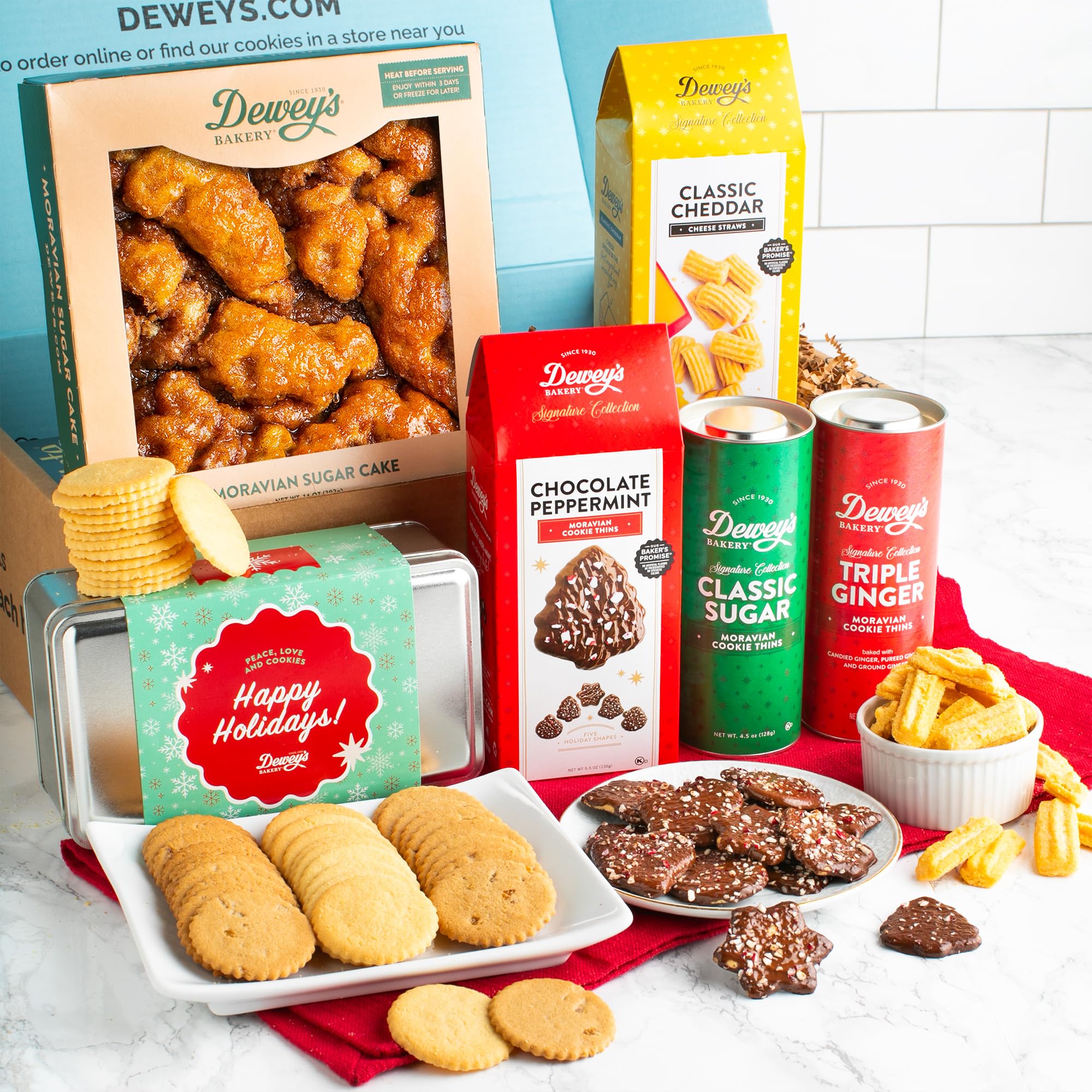 Stuffed Stockings Gift Box by Dewey's Bakery, Sugar Cake, Chocolate Peppermint Cookies, Sugar and Ginger Gift Tin, Cheddar Cheese Straws, 6-Piece Gift Box