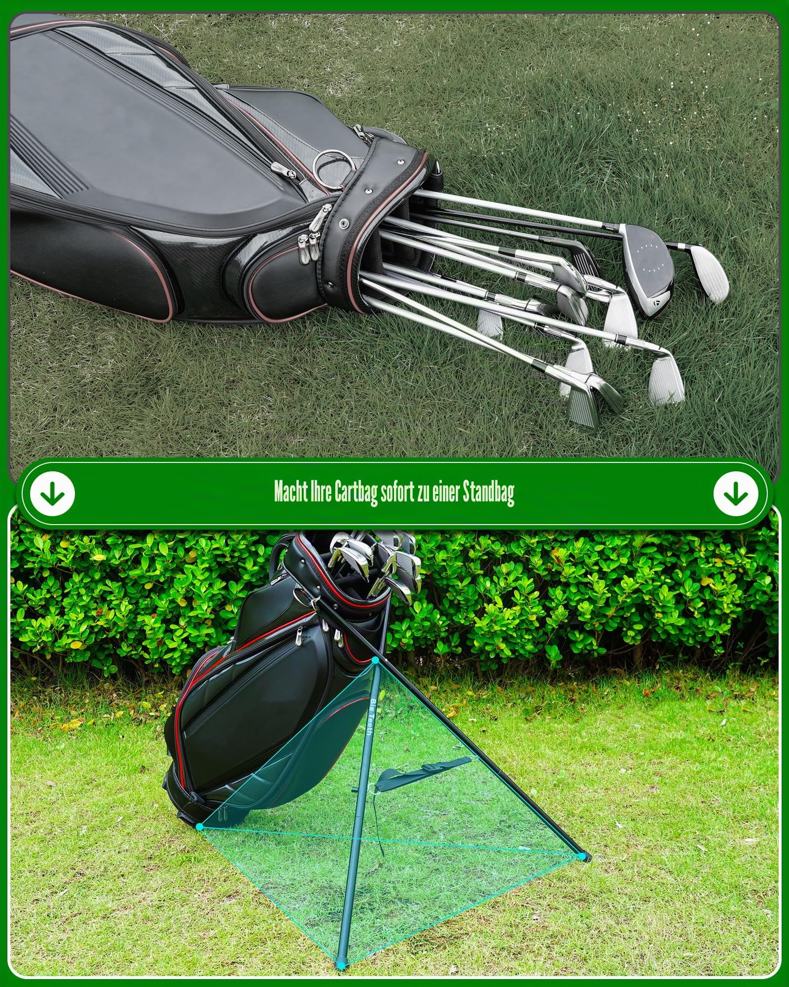 Golftaschenständer Befestigung für Einkaufswagen/Sonntag/Tragetaschen, leicht, aktualisiert, zusammenklappbar, tragbares Zubehör, faltbare Beine, schwarz