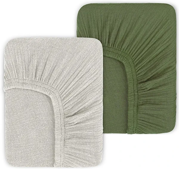 PET REJOIR Muslin Mini Crib Sheets for Girls & Boys-2 Pack 24"x 38" Soft Baby Mattress Sheets Fitted-No Slip Neutral Toddler Cotton Bedding-Boho Nursery Décor Olive Green & Beige