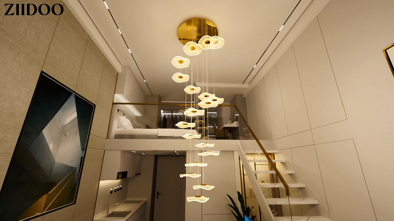 ziidoo High Ceiling Chandelier - 18-Light Dimmable Modern Gold
