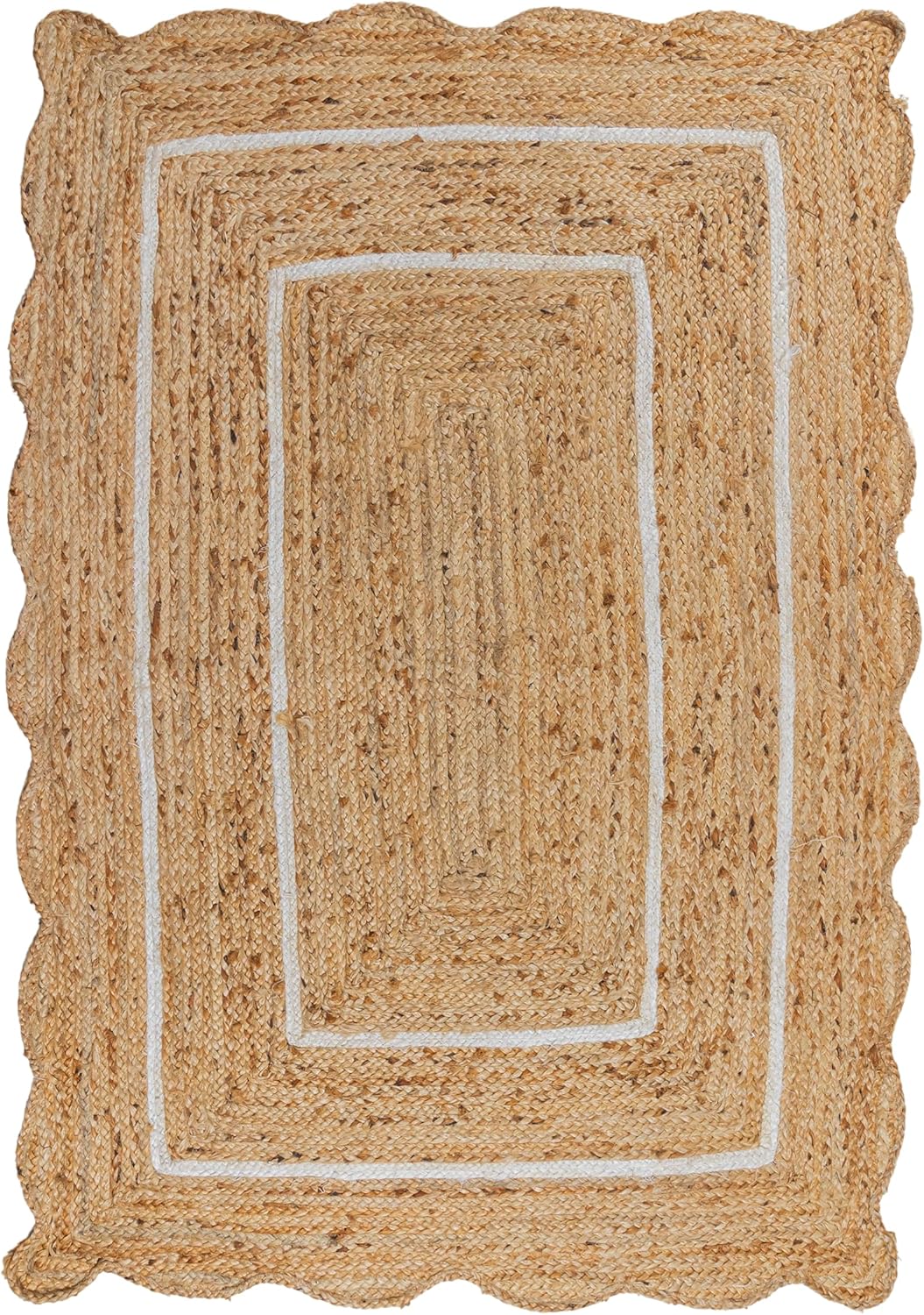 HOMEMONDE Wave Scallop Jute Rug - 2' x 3' Off White, Boho Home Décor - Farmhouse Natural Fiber Handmade - Ristic Vintage Braided Scalloped Area Rug for Bedroom, Living Room, Kitchen