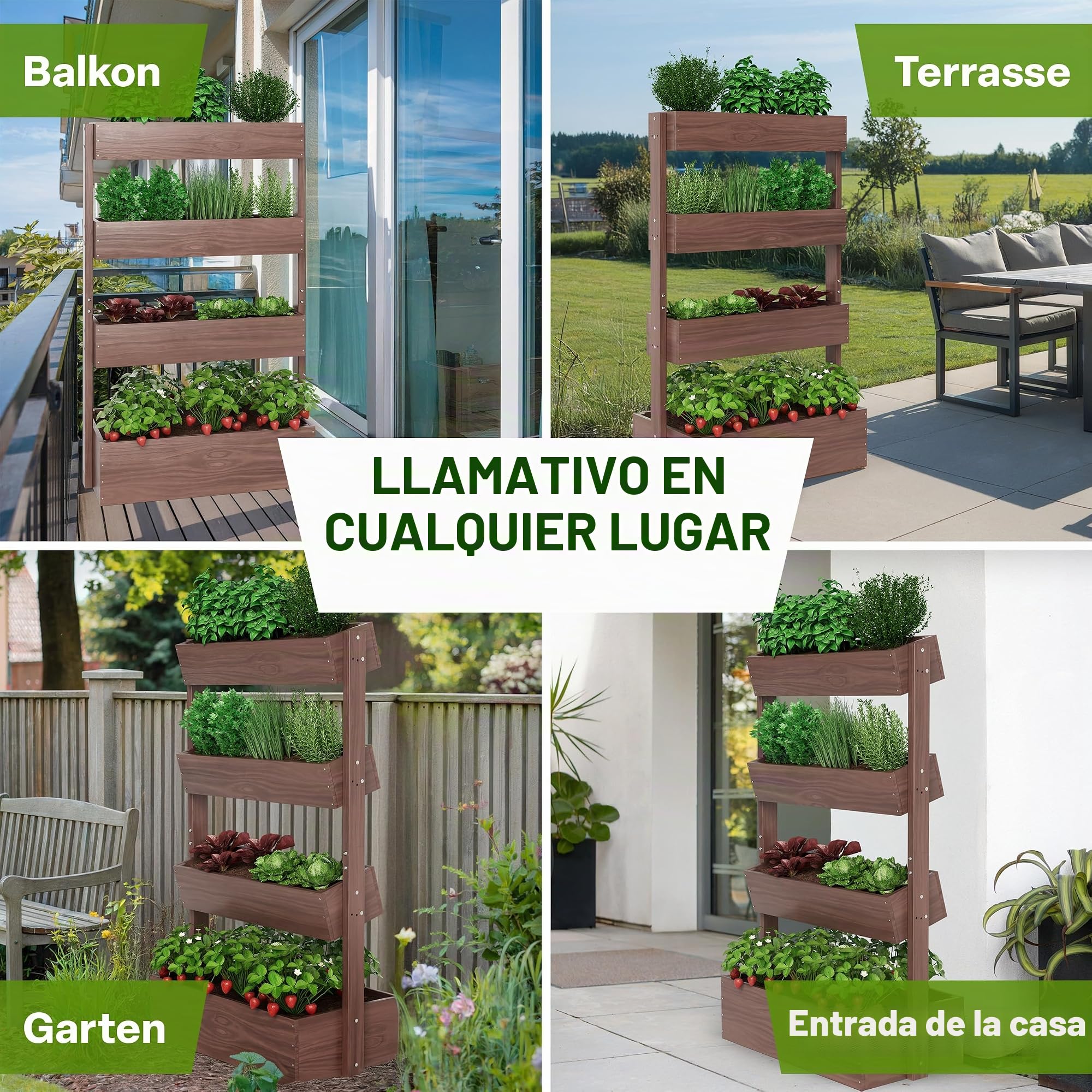 TTL GARDEN Jardinera vertical de 4 pisos de madera 140x85x45cm marrón - Jardinera vertical y maceta elevada para hierbas con 4 pisos y película - Madera de abeto resistente a la intemperie - Maceta