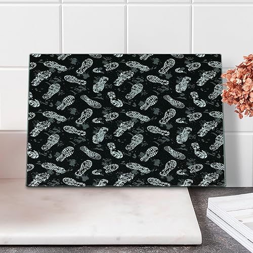 Lunarable Sports Cutting Board, Rhythmic Active Sneakers Running Walking Path Motifs Illustration, Decorative Tempered Glass Cutting and Serving