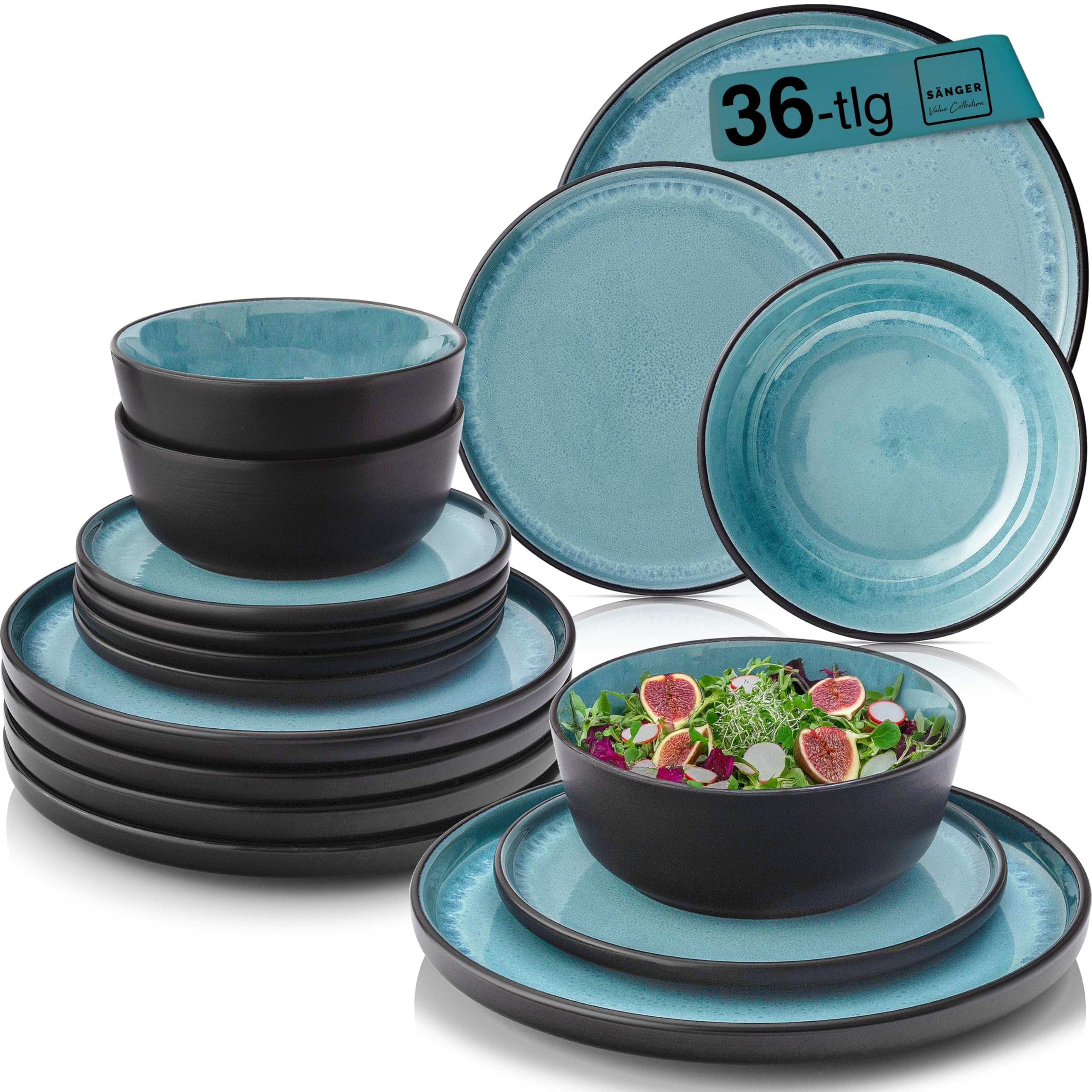 SÄNGER Granada | Steingut Geschirr Set 36 tlg, Teller Set 12 Personen, Geschirrset 12x Speiseteller 12x Müslischalen 12x Dessertteller, Tafelservice blau mit schwarzem Rand | VALUE COLLECTION