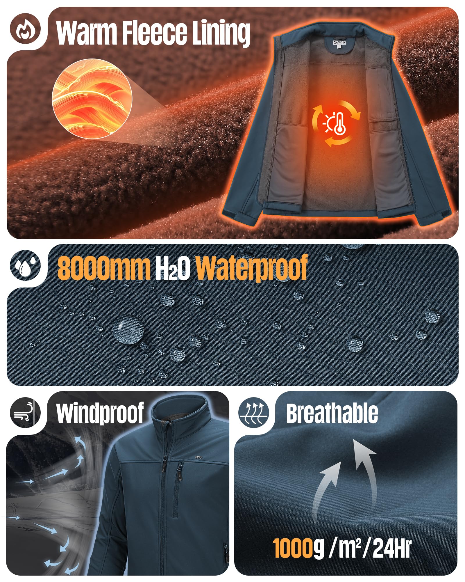 33,000ft Softshelljacke für Herren Wasserdichte Übergangsjacke Fleece Gefütterte Winddichte Outdoorjacke Funktionsjacke für Outdoor Freizeit