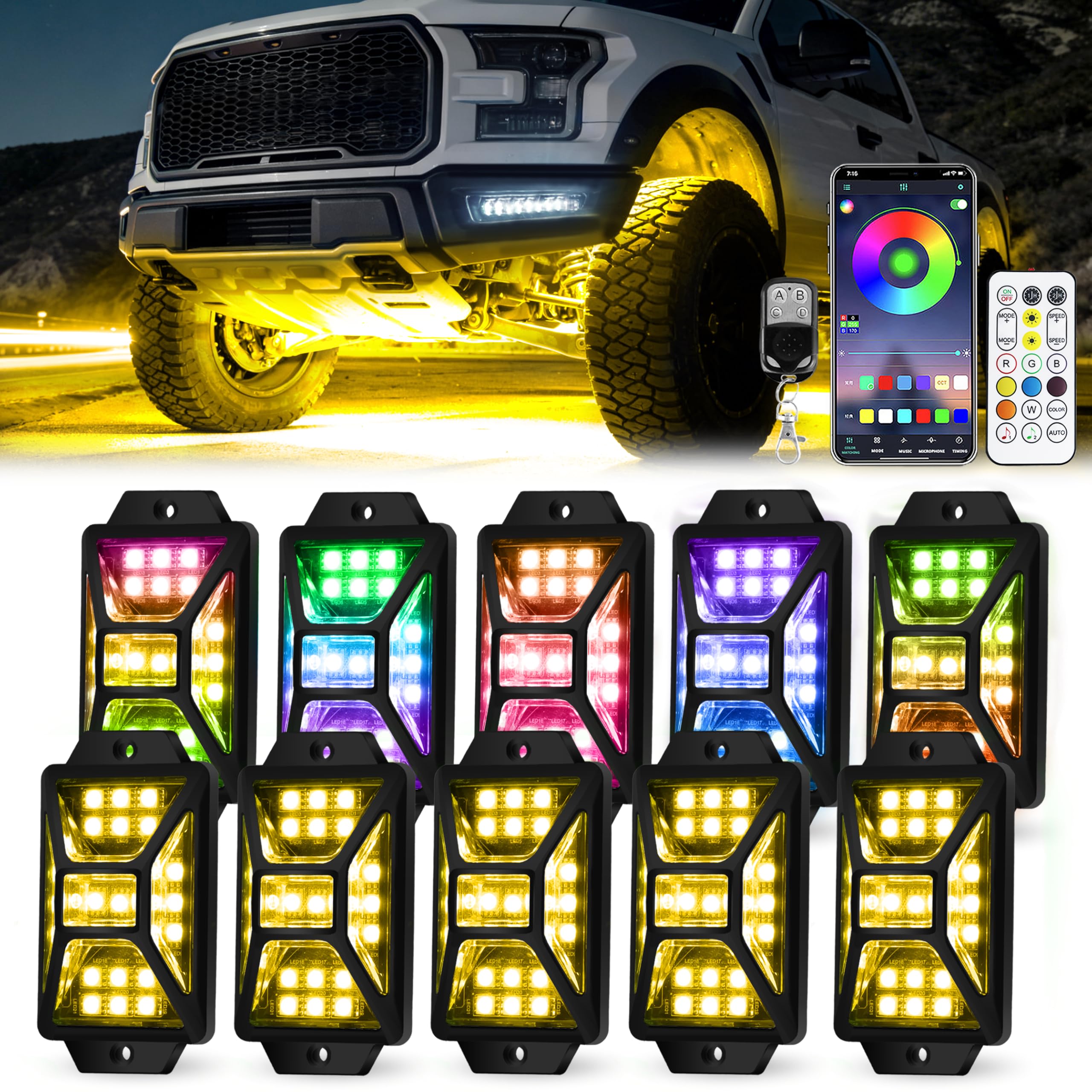 10 Pods 5 Sides Full Angle RGB Rock Lights for Trucks, App &amp; Remote Control
