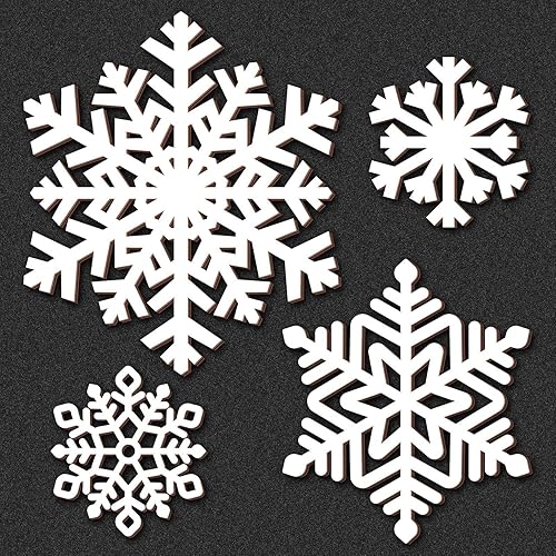 Miniatura 7 de 4 piezas de decoración de pared de copo de nieve de madera navideña, 3 tamaños grandes de madera de copo de nieve de invierno, placas colgantes de