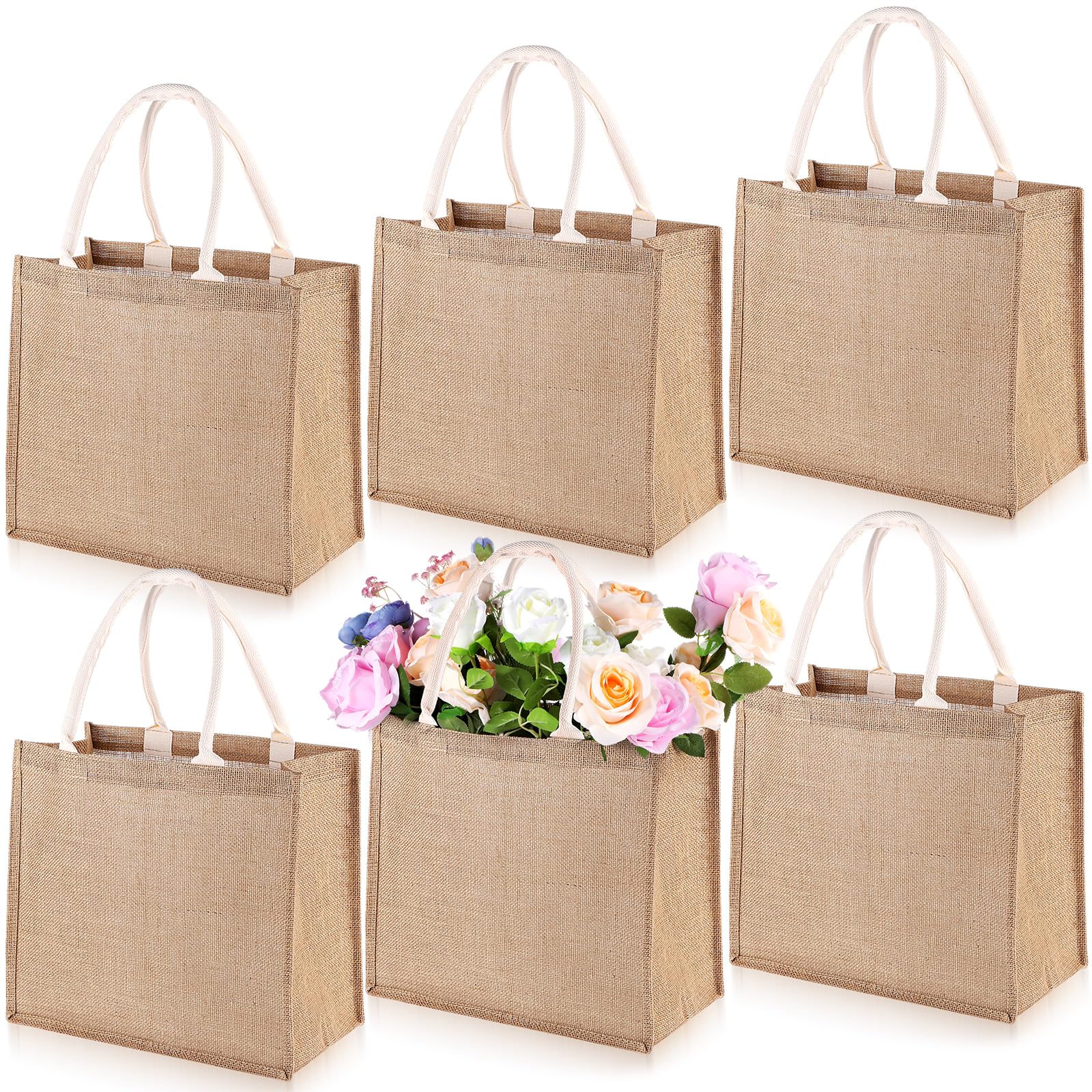 Lemecima 6 Pcs Large Jute Burlap Gift Bags Jute Beach Bags Gift Bags with Laminated Interior Burlap Gift Tote with Handle, Reusable Gift Bags for DIY