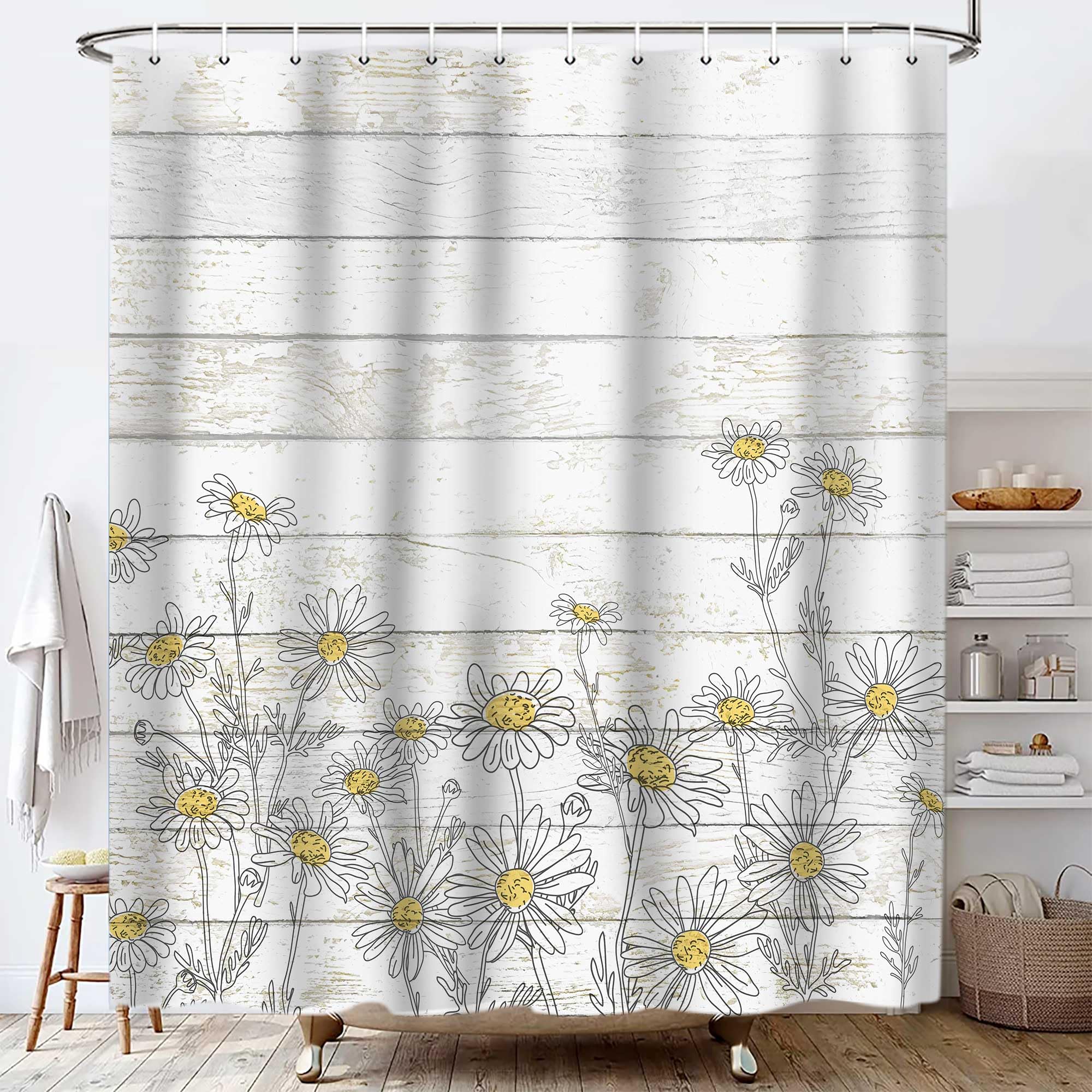 Lacoiime Daisy Shower Curtain, Retro Daisy Shower Curtains for Bathroom Rustic Farmhouse Floral Bathroom Decor Cute Cloth Bathroom Accessories