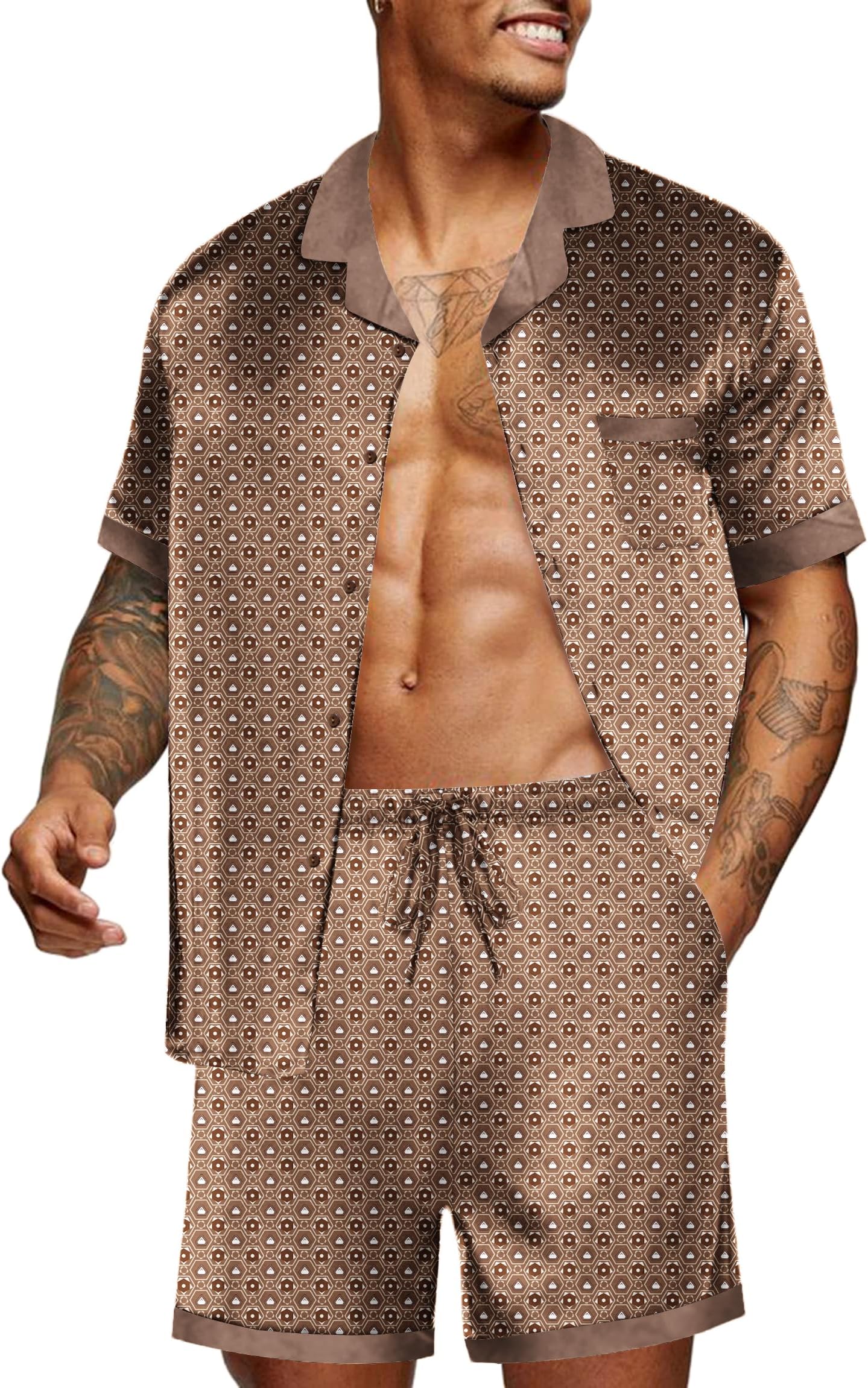 Men Satin Silk Pajamas Set with Pockets Sleepwear Shorts Satin Summer Loungewear 2 Piece Button Down Set S-3XL