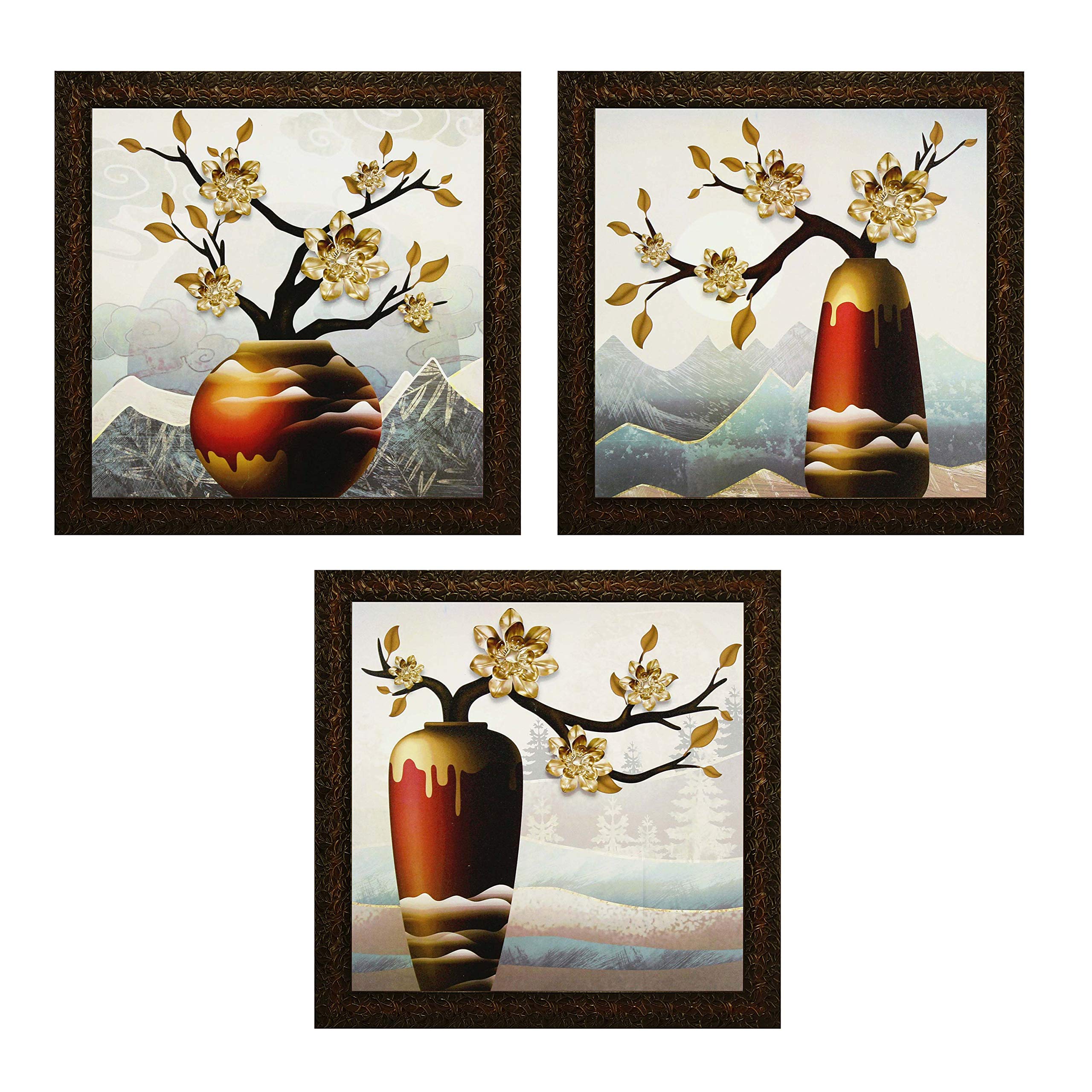 IndianaraSet of 3 Golden Flowers in Vases Framed Wall Hanging Laminated Paintings Matt Art Prints 9 inch x 9 inch each without Glass (2535)