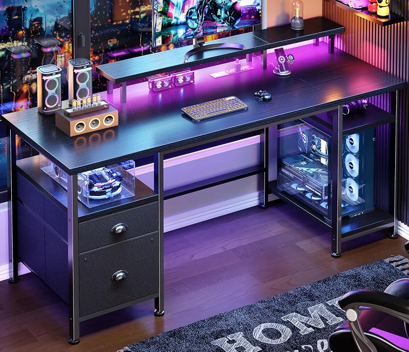 51" Gaming Desk with Power Outlets & LED Lights, Reversible Computer Desk with File Cabinet & Monitor Stand for Home Office, Large Work Table with Storage Shelves & Drawer, Black