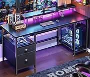 Furologee 51" Gaming Desk with Power Outlets & LED Lights, Reversible Computer Desk with File Cabinet & Monitor Stand for Home Office, Large Work Table with Storage Shelves & Drawer, Black