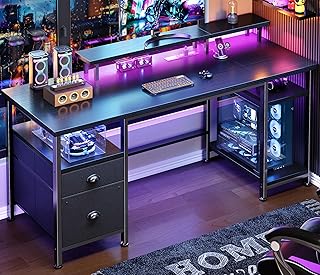 Furologee 51" Gaming Desk with Power Outlets & LED Lights, Reversible Computer Desk with File Cabinet & Monitor Stand for Home Office, Large Work Table with Storage Shelves & Drawer, Black