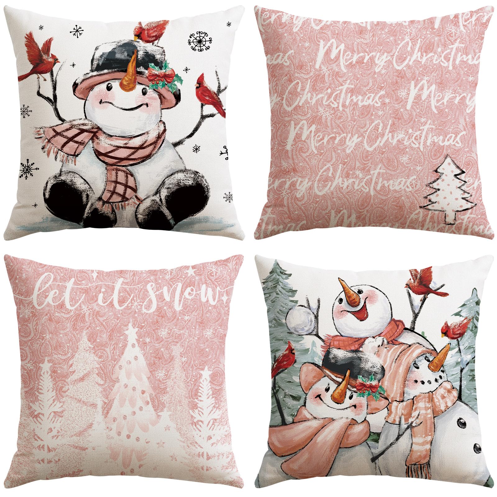 JOTOM Christmas Cushion Covers 40x40 cm Set of 4 Snowman Xmas Trees Decorative Throw Pillow Covers Sofa Merry Christmas Cushion Cases Winter Holiday Decoration for Home Couch Bed Decor (Pink) โ image 1