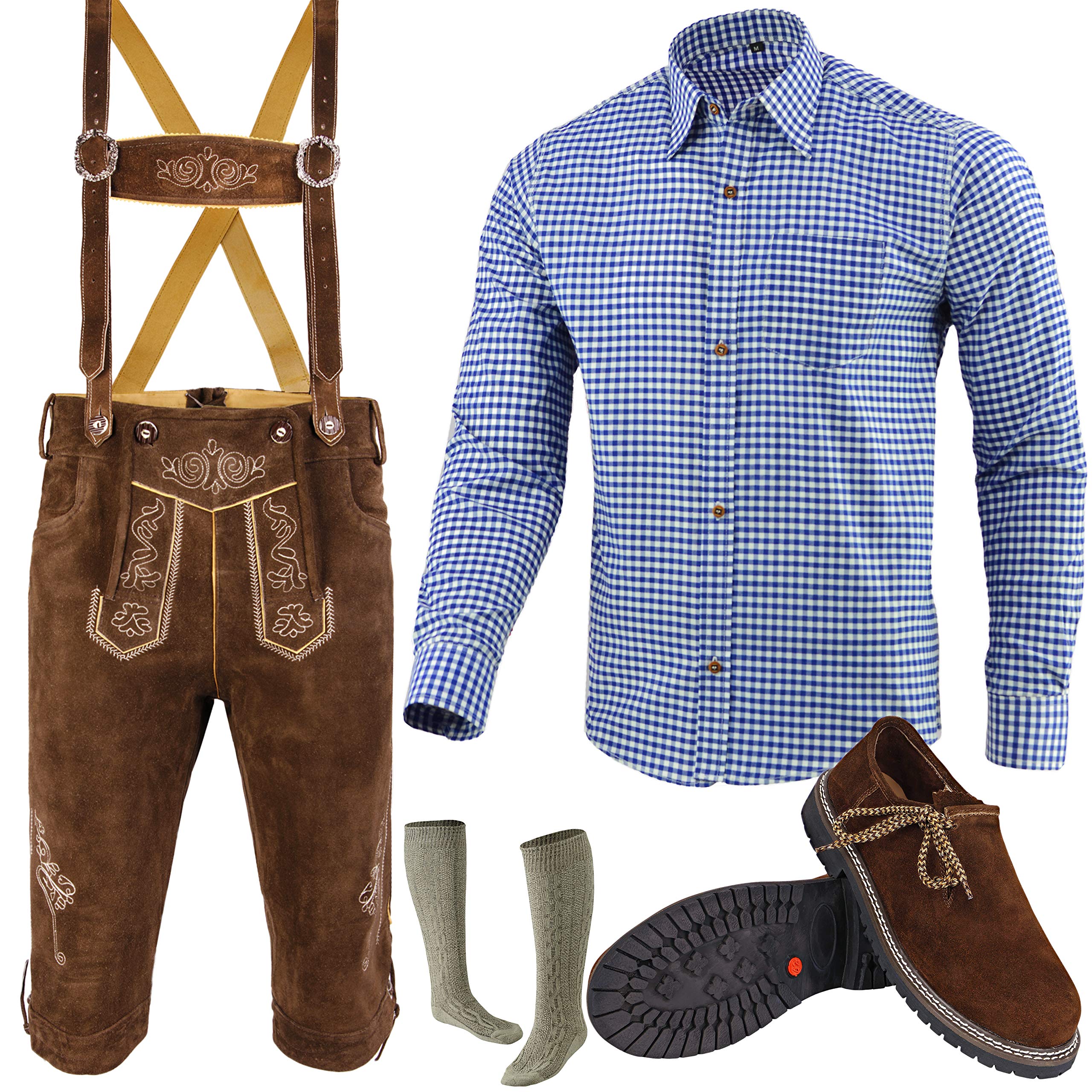 Herren Trachtenset Trachten Set Trachtenlederhose + Hosenträger + Trachtenhemd + Trachtensocken + Trachtenschuhe 5 Teiliges Größe 46-62