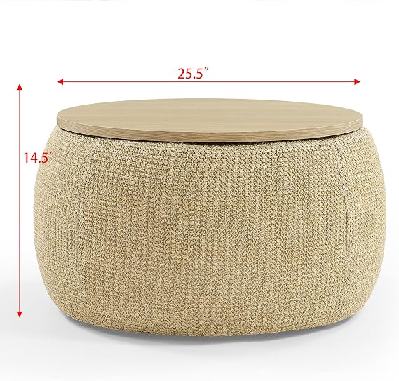 Round Storage Ottoman Coffee Table with Lid,Wood Footstool, Side Table End Table for Living Room (Natural)