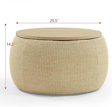 Round Storage Ottoman Coffee Table with Lid,Wood Footstool, Side Table End Table for Living Room (Natural)