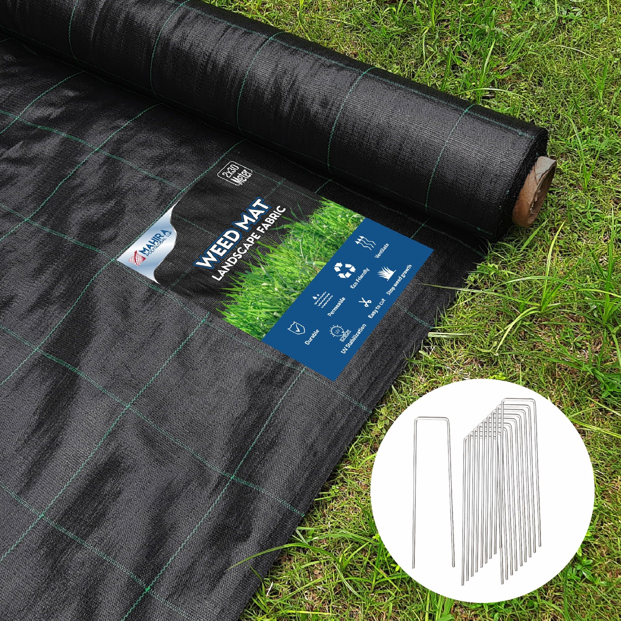 MAHIRA Premium Landscape Fabric,2m x 30m Garden Weed Barrier, Durable & Heavy Duty Weed Block Garden,Agriculture, Outdoor, Easy Setup & Super Weed Control, Eco-Friendly with 50 U-Shaped Securing Pegs-image-11