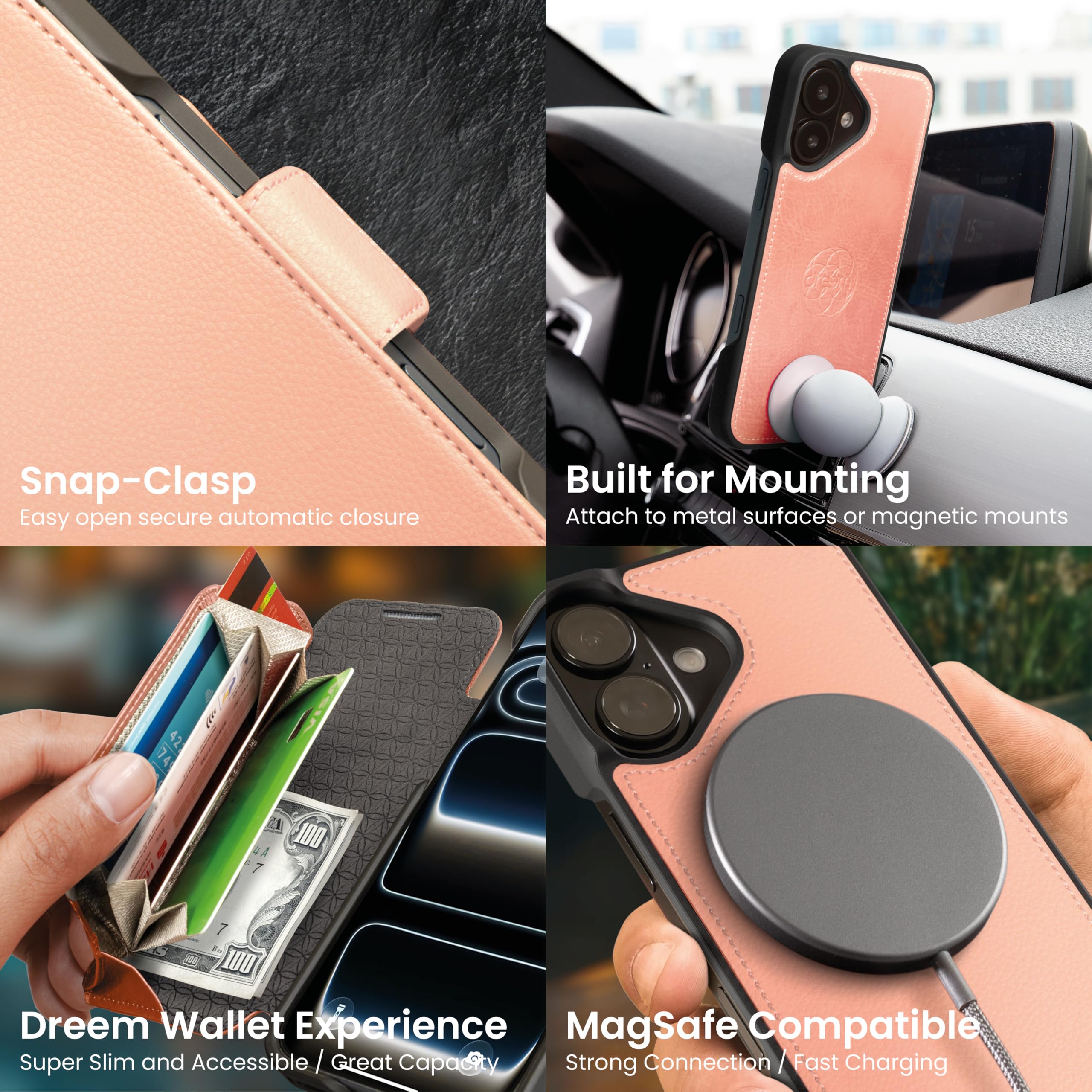 dreem Wallet Case for iPhone 17, Revolutionary Vert/Hor Phone Stand, Magnetic Detachable Vegan Leather Flip Cover RFID Blocking Card Holder, MagSafe-Fit, Gift Box [Fibonacci: Powder Pink] — view 6