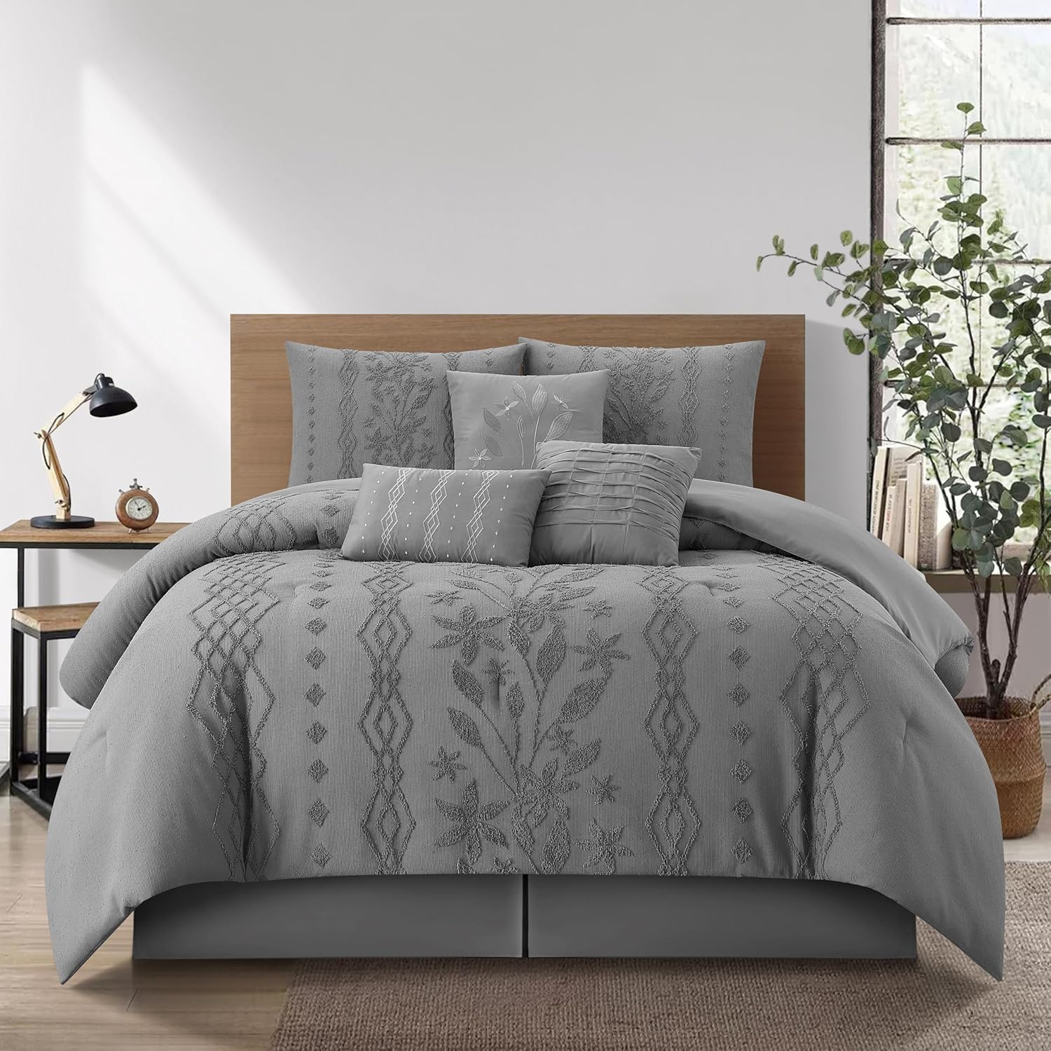 Stratford Park 7 Piece Grey Comforter Set, Queen Size Jacquard Bedding Set, All Season Geometric&Leaves Bedding Set, Matching Pillows, Shams, Bed Skirt