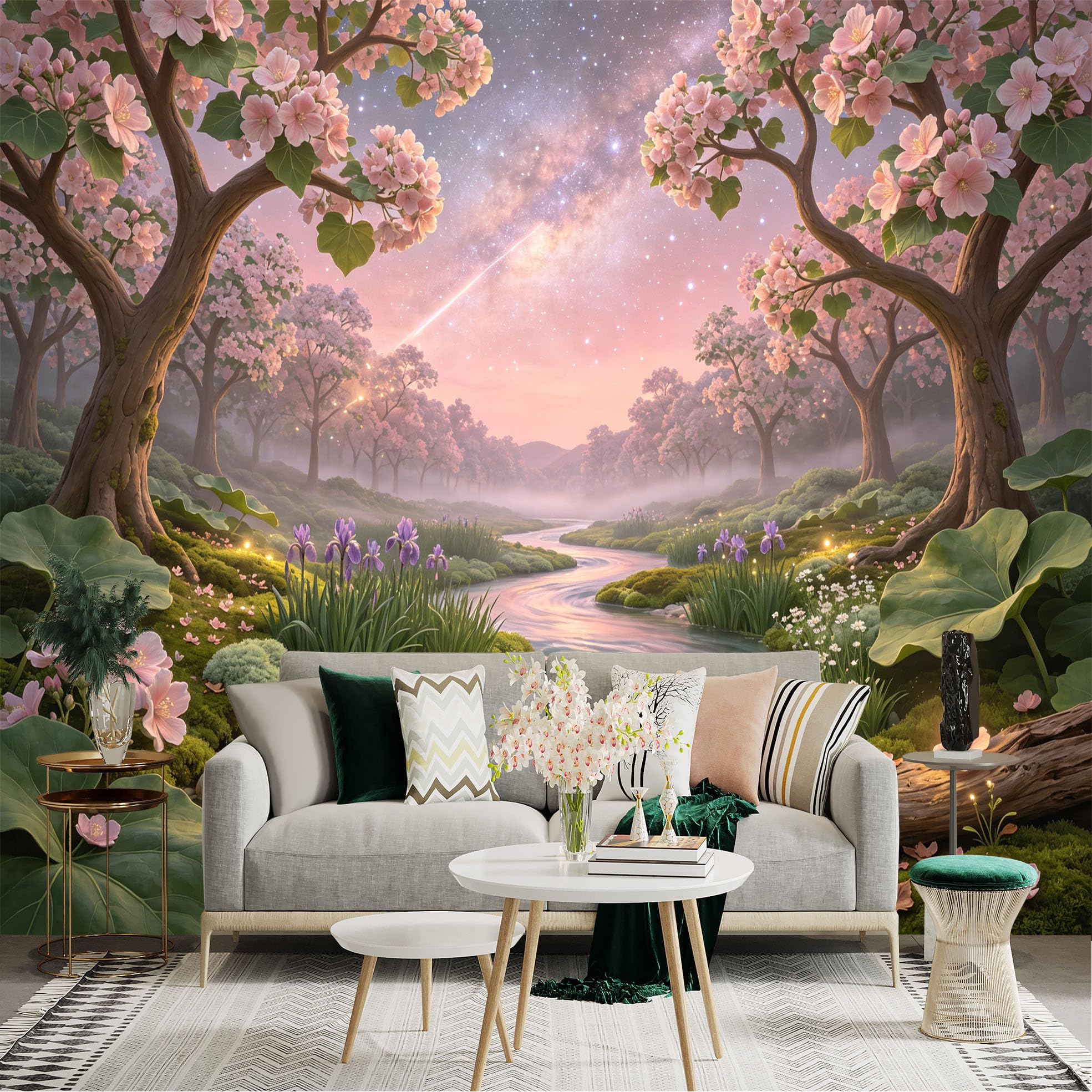 Lnzczhyre Bh260719252 Custom Size Wall Sticker Mural， Dreamy Blossom Forest， Flowing River Landscape， Glowing Starry Night Sky， Pink Floral Nature， For Wall Decoration， Peelandstick Wall Decals.