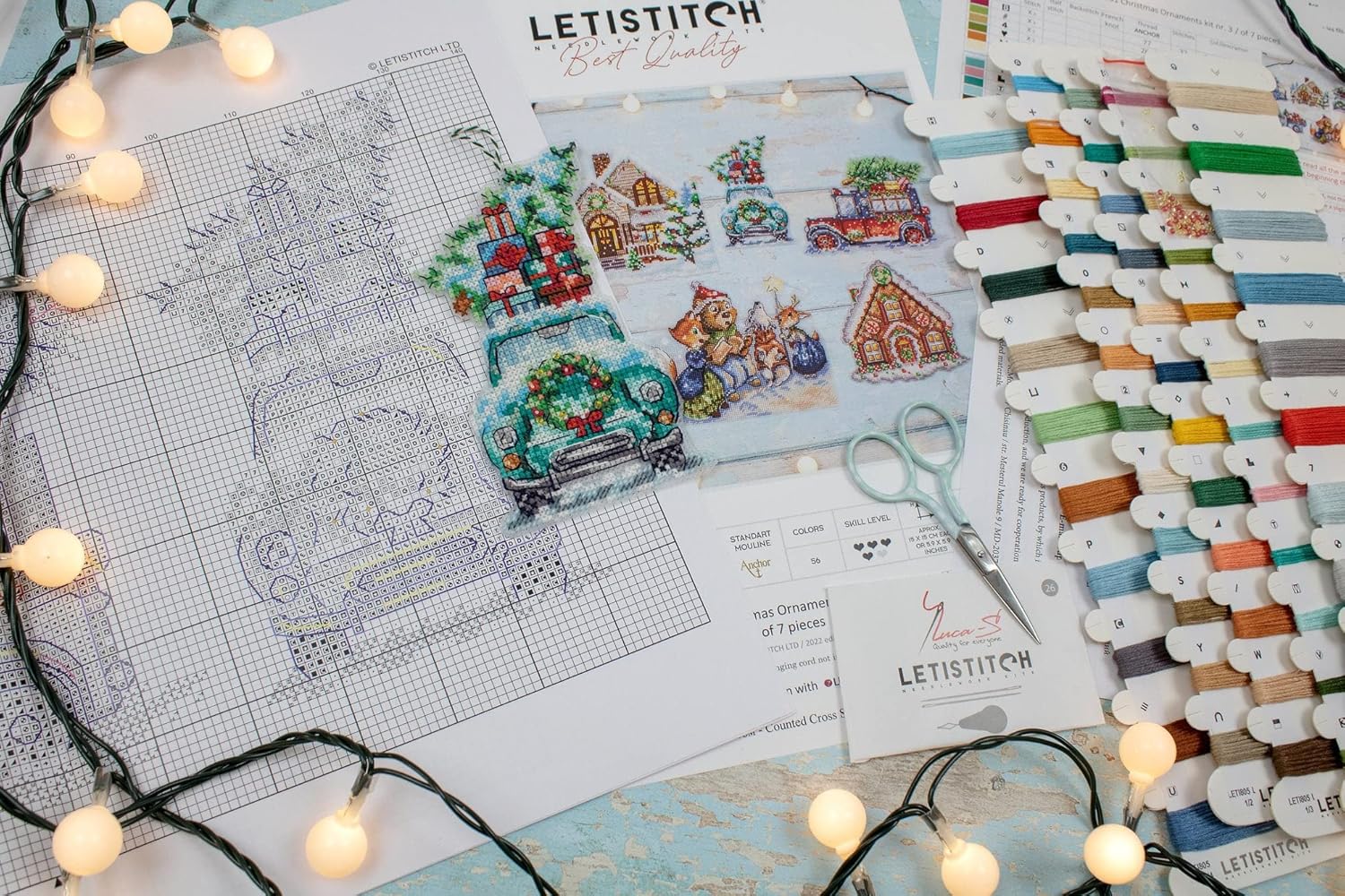 Wizardi Counted Cross Stitch Kit on Plastic Canvas with Christmas Ornaments. 7 Christmas Designs 5.91x5.91 Inches. Ideal for Embroidery & Craft Amateurs. L8051 Letistitch