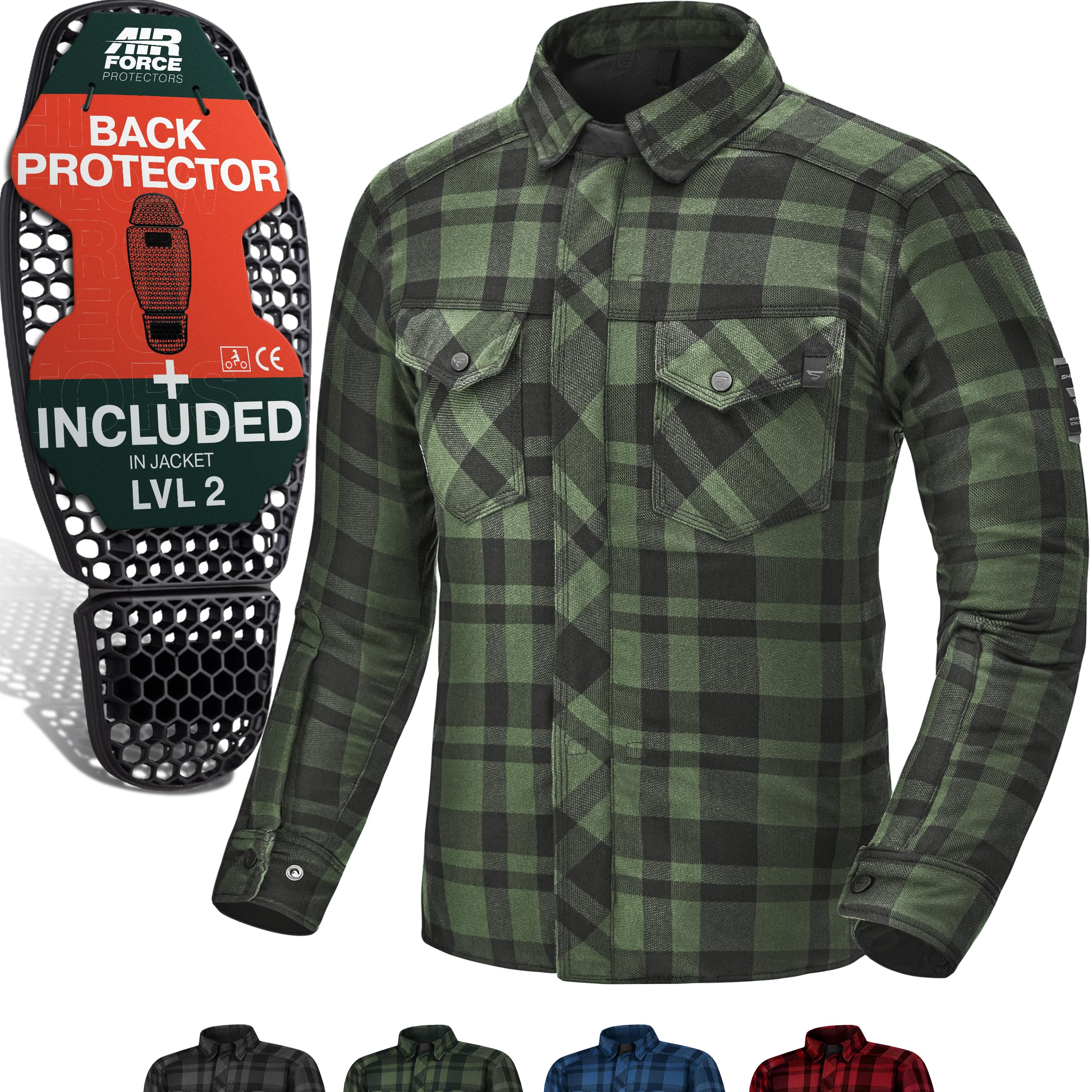 SHIMA RENEGADE MEN 2 Motorcycle Shirt for Men Armored Plaid Biker Flannel Jacket with Kevlar by DuPont layer, Back, Shoulder, Elbow Protectors, Zipper and Snap Closure (Green, 5XL)