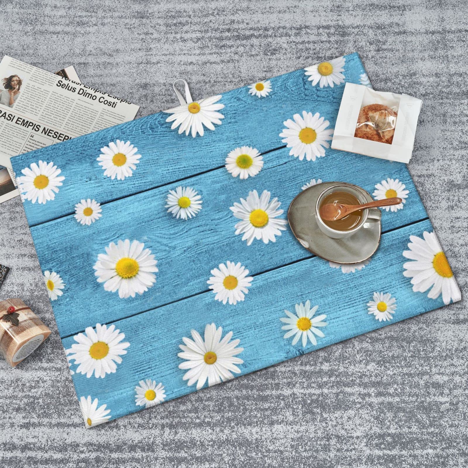 Stokrotki na vintage niebieskie drewno maty do suszenia naczyń na blat kuchenny mikrofibra chłonna mata do naczyń Xl odwracalne maty suszące na blat 45 cm x 61 cm