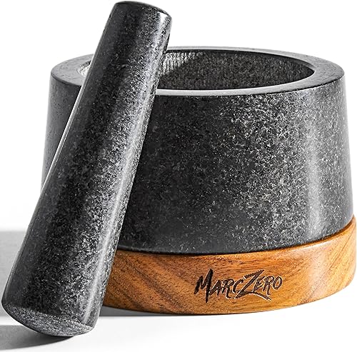 MarcZero Juego de mortero y mortero grande de 6 pulgadas con base de madera antiarañazos, mortero resistente y mortero hecho de granito natural