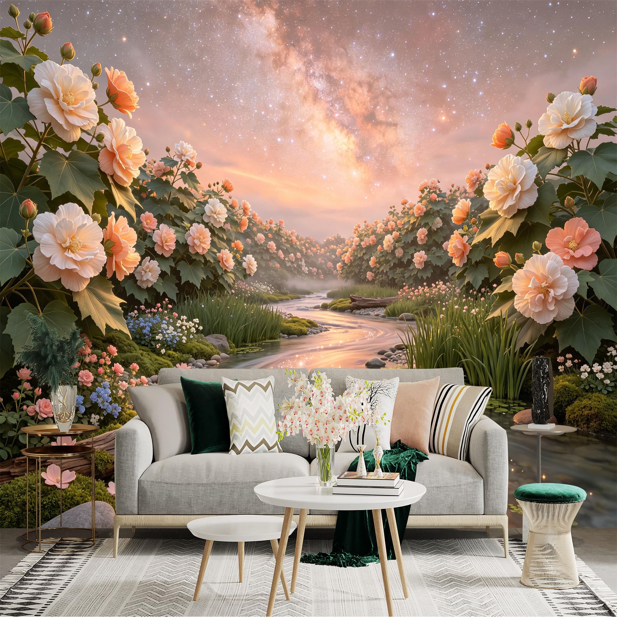 Lnzczhyre Bh260719530 Custom Size Wall Sticker Mural， Dreamy Floral Riverbank， Serene Blossoms With Sparkling Milky Way， For Wall Decoration， Peelandstick Wall Decals.