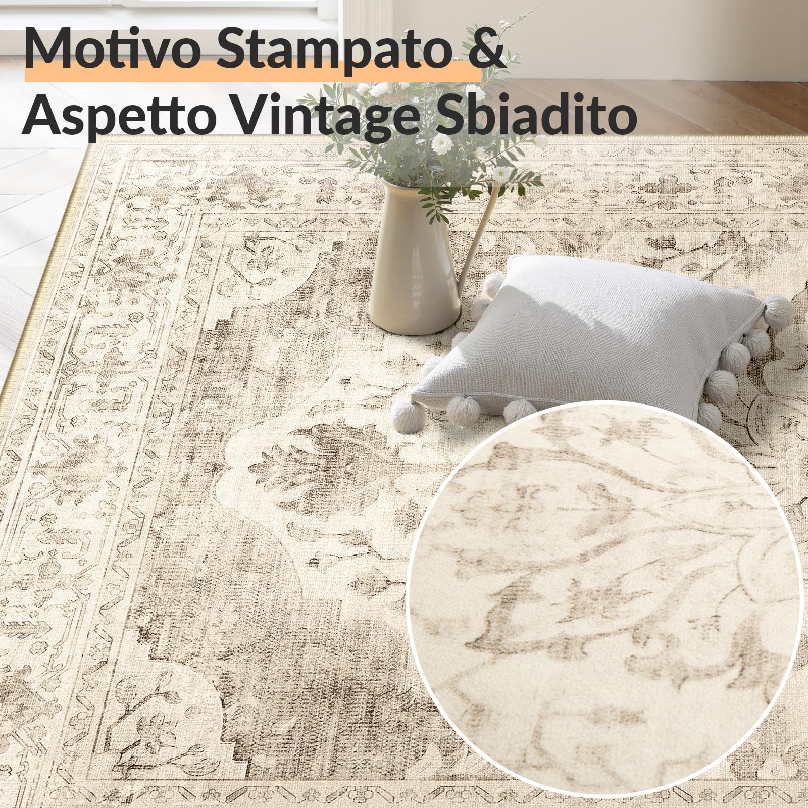 INOVADAY Vintage Tappeto 180x270 cm Tappeti Beige Chiaro | Tappeto Salotto, Tappeto Camera da letto, Lavabile in Lavatrice, Sala da pranzo, Cucina, Morbida, Slavata, Stampato, OEKO