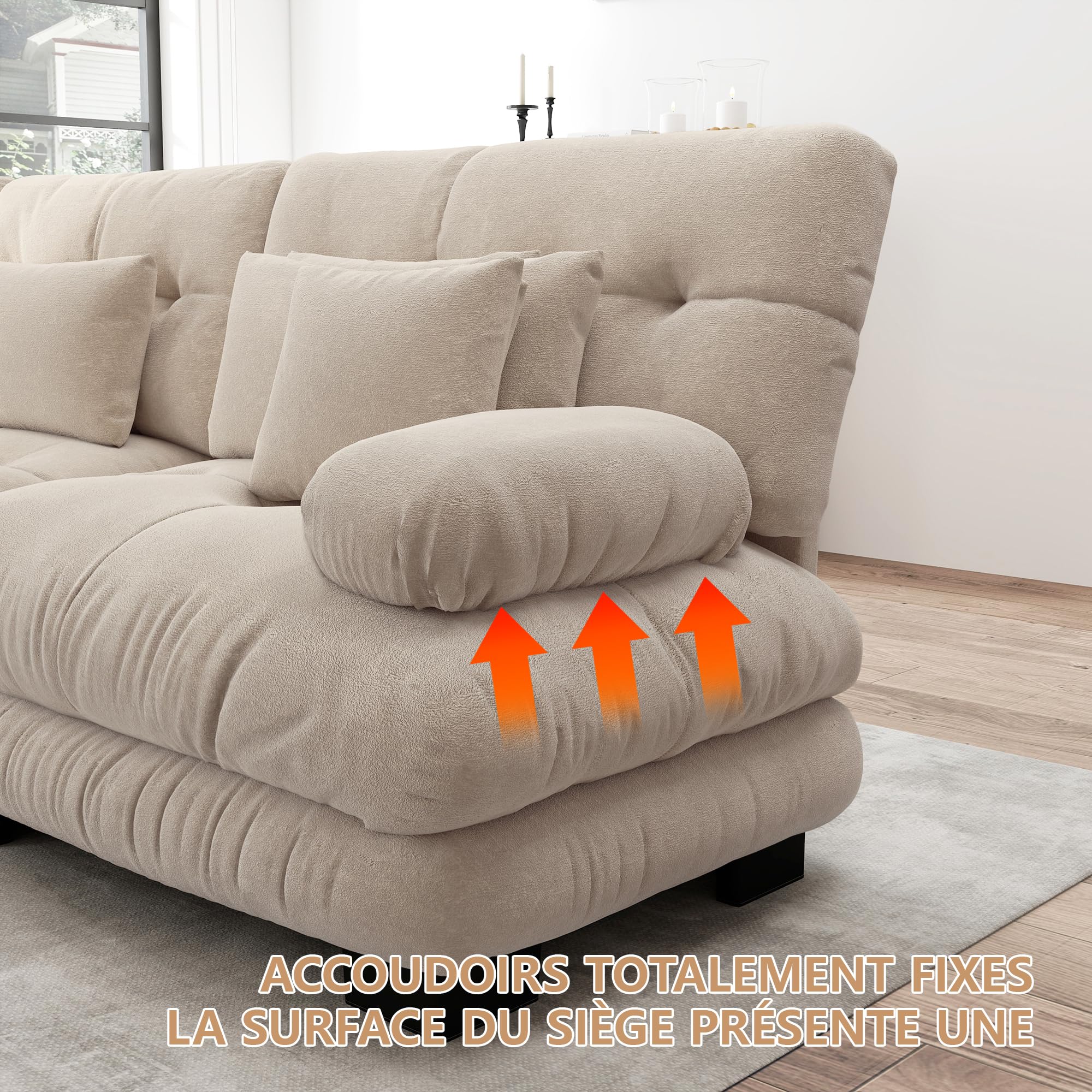 Yihomfy Canapé Modulable Moderne Cloud avec pouf,Canapé D'angle 2/3/4/5 Places en Chenille avec Assise Profonde et Coussins,Idéal Pour le Salon,La Chambre ou un Appartement (Beige, 3 Places + 2 Poufs)