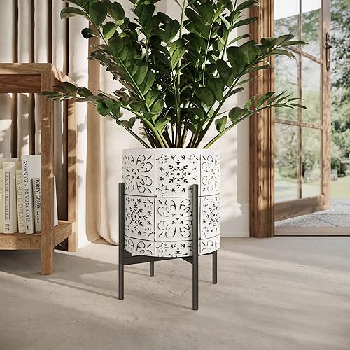 Miniatura 3 de EverNest Tristan - Maceta blanca con patrón bohemio negro con soporte Loki, maceta de interior SelectBase, decoración neutra del hogar, maceta
