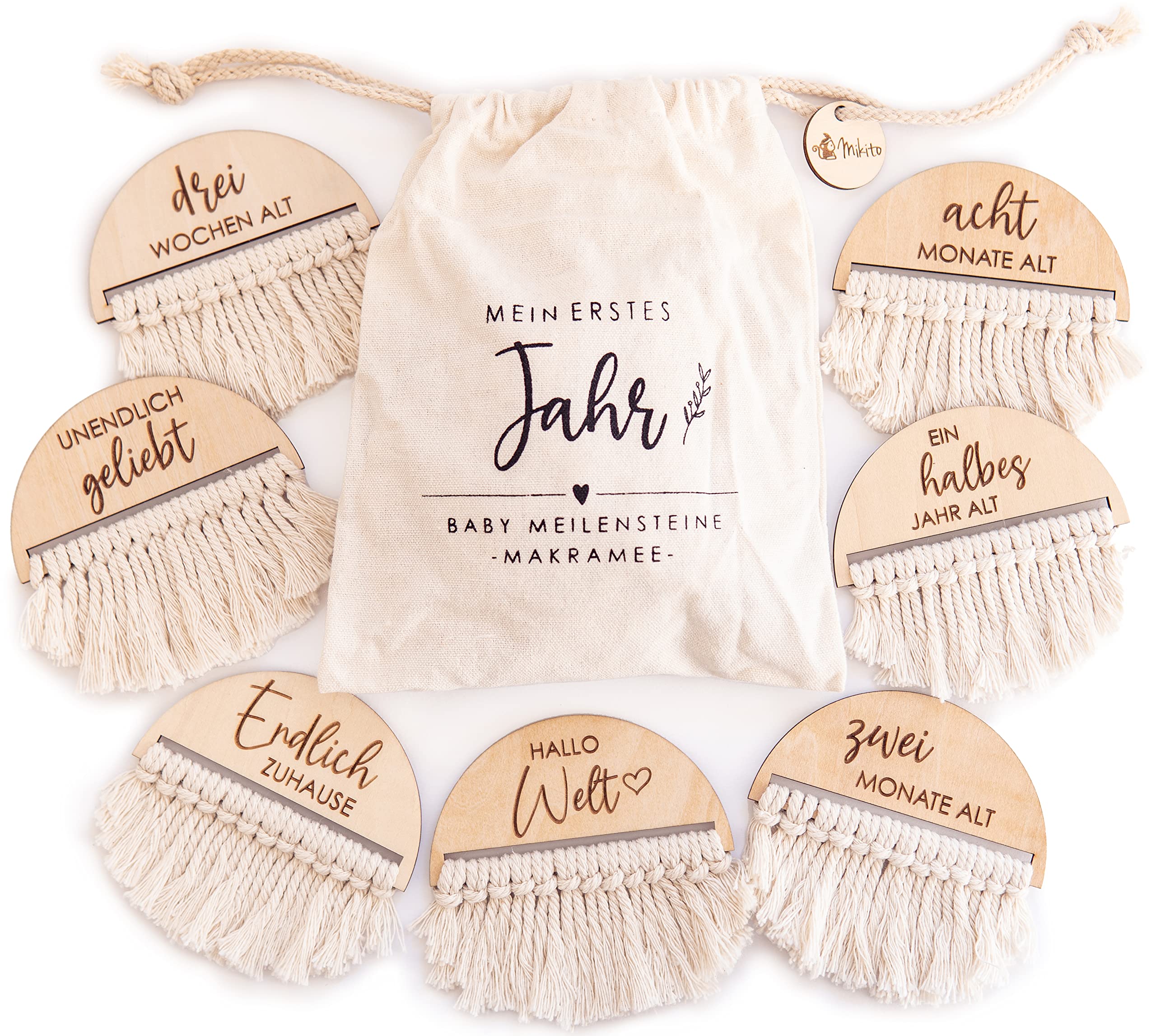 Makramee Meilensteinkarten Baby Holz auf deutsch - 20 Meilensteine auf besonderen Holzscheiben mit Makramee, Baby Meilenstein Karten ideal als Geschenk zur Geburt - Mikito