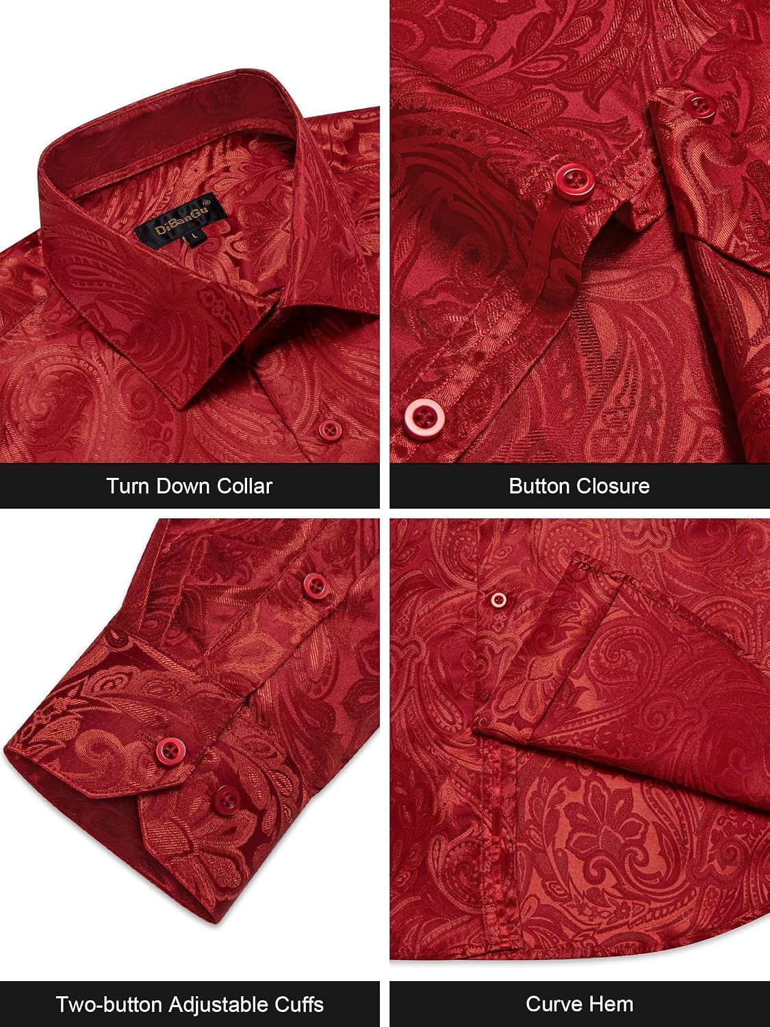 DiBanGu Silk Paisley Dress Shirts for Men Long Sleeve Button Down Shirt Casual Regular Fit Mens Shirts Wedding Party