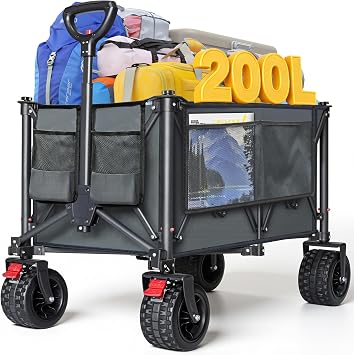 200L Festival Trolley on Wheels, 200KG Folding Wagon Cart with All-Terrain Wheels, Collapsible Camping Trolley, Adjustable Handle & Cup holders for Garden, Outdoor & Shopping, Grey