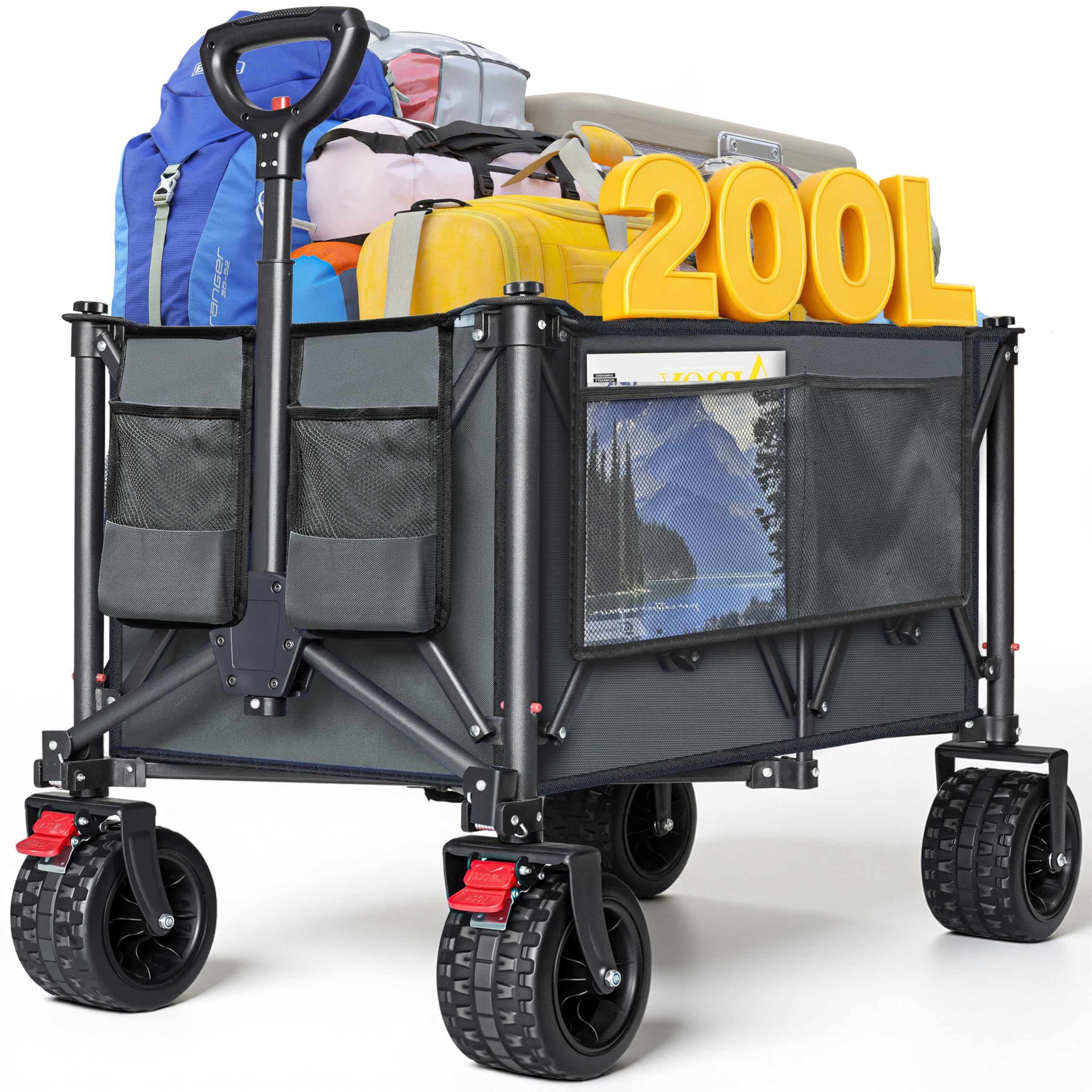200L Festival Trolley on Wheels, 200KG Folding Wagon Cart with All-Terrain Wheels, Collapsible Camping Trolley, Adjustable Handle & Cup holders for Garden, Outdoor & Shopping, Grey