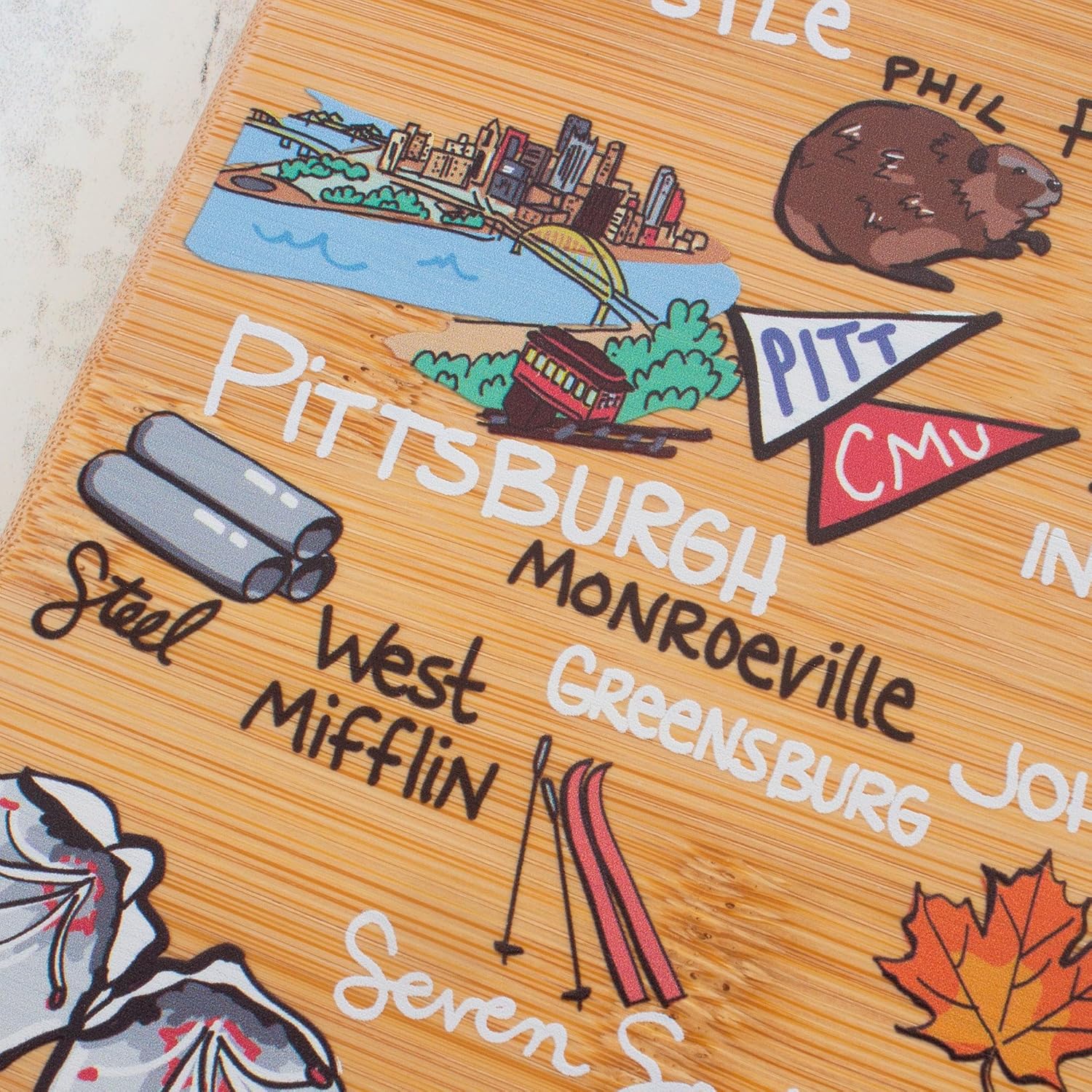 Totally Bamboo Pennsylvania State Shaped Cutting Board and Charcuterie Serving Platter with Artwork by Fish Kiss, Includes Hang Tie for Wall Display