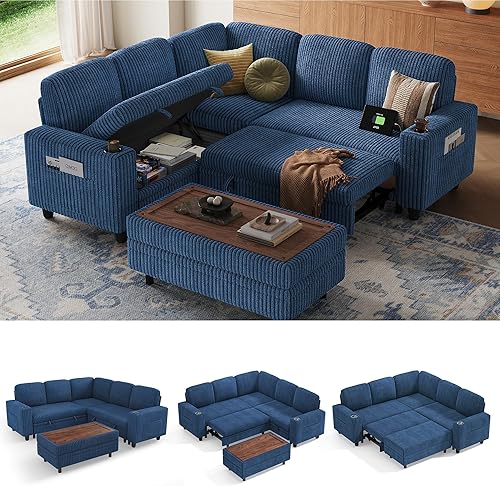 Miniatura 38 de LINSY HOME - Sofá cama extraíble modular con sección para dormir, con almacenamiento, sofá seccional de pana mullida para sala de estar, sofá cama