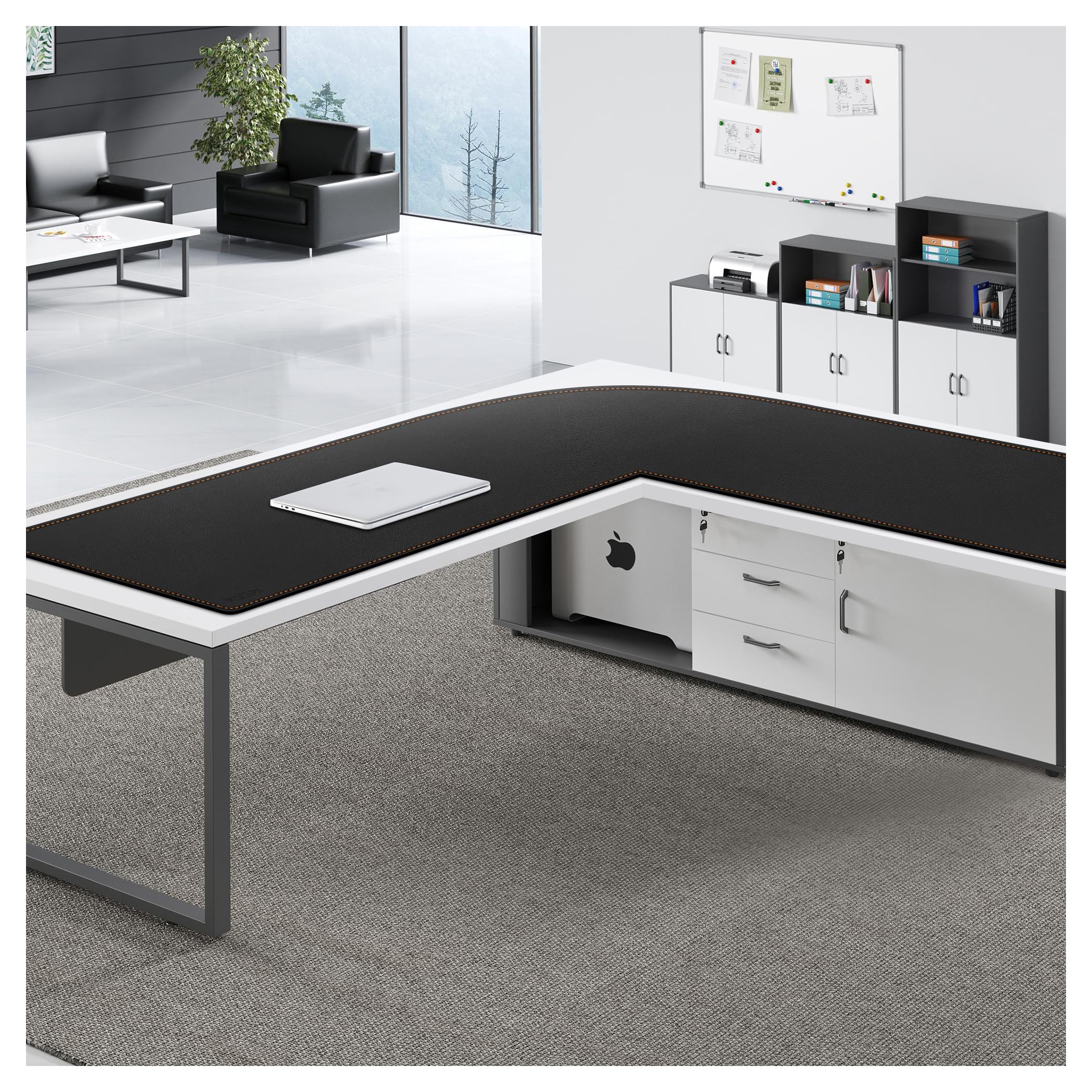 MAIDERN Tappetino da Scrivania Angolare Grande （140+140）x50 cm - Faccia in Pelle per Gaming e Ufficio (Nero)