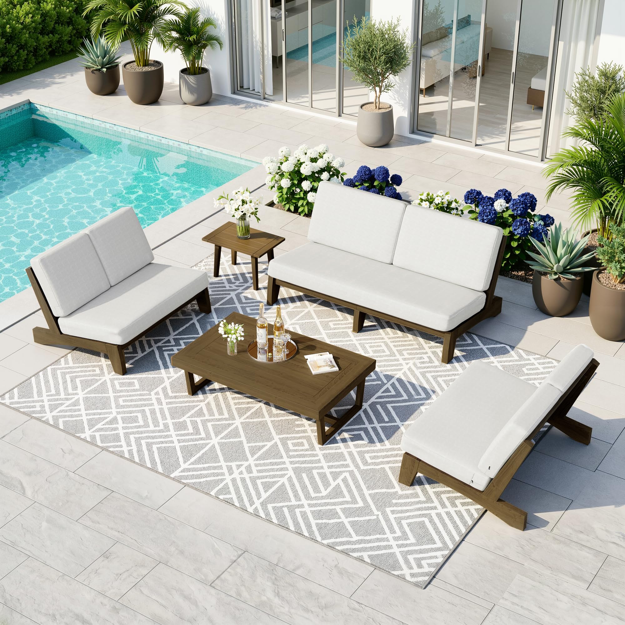 Pia Ricoo 5-Piece Patio Furniture Set, Outdoor Sofa with 2 Split Back Loveseat, 2 Chairs &amp; Coffee Table, Conversation Set for Backyard/Deck/Lawn - Beige