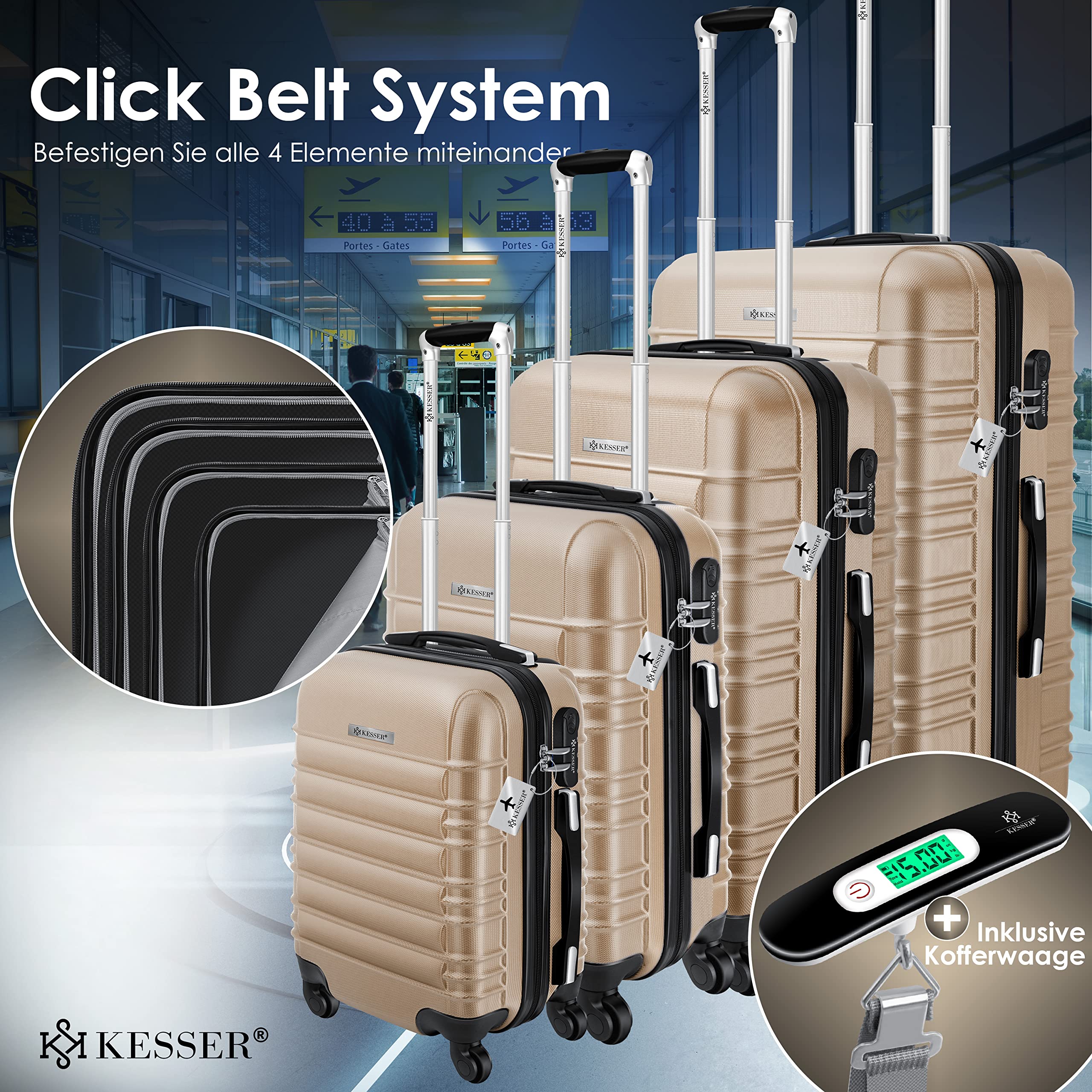 KESSER® Set di 4 valigie rigide, valigia da viaggio, set valigia trolley incl. bilancia per bagagli + etichetta per bagagli, serratura, 4 ruote ABS guscio duro manico telescopico S-M-L-XL
